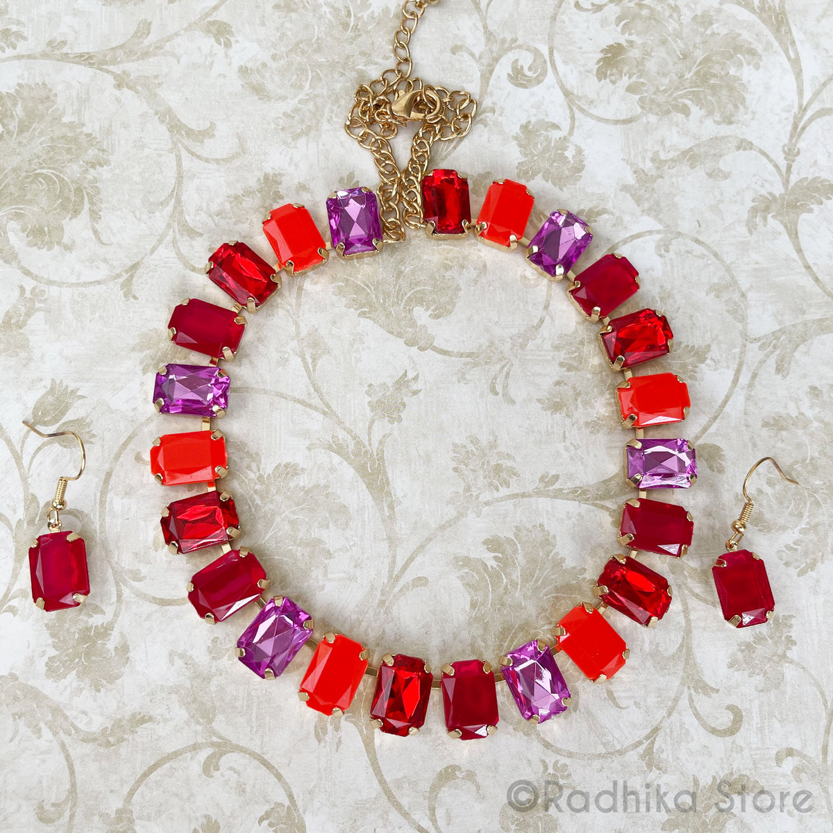 Emerald Cut-Reds and PUrple Color Crystals-Rhinestone Deity Necklace - And Earring Set