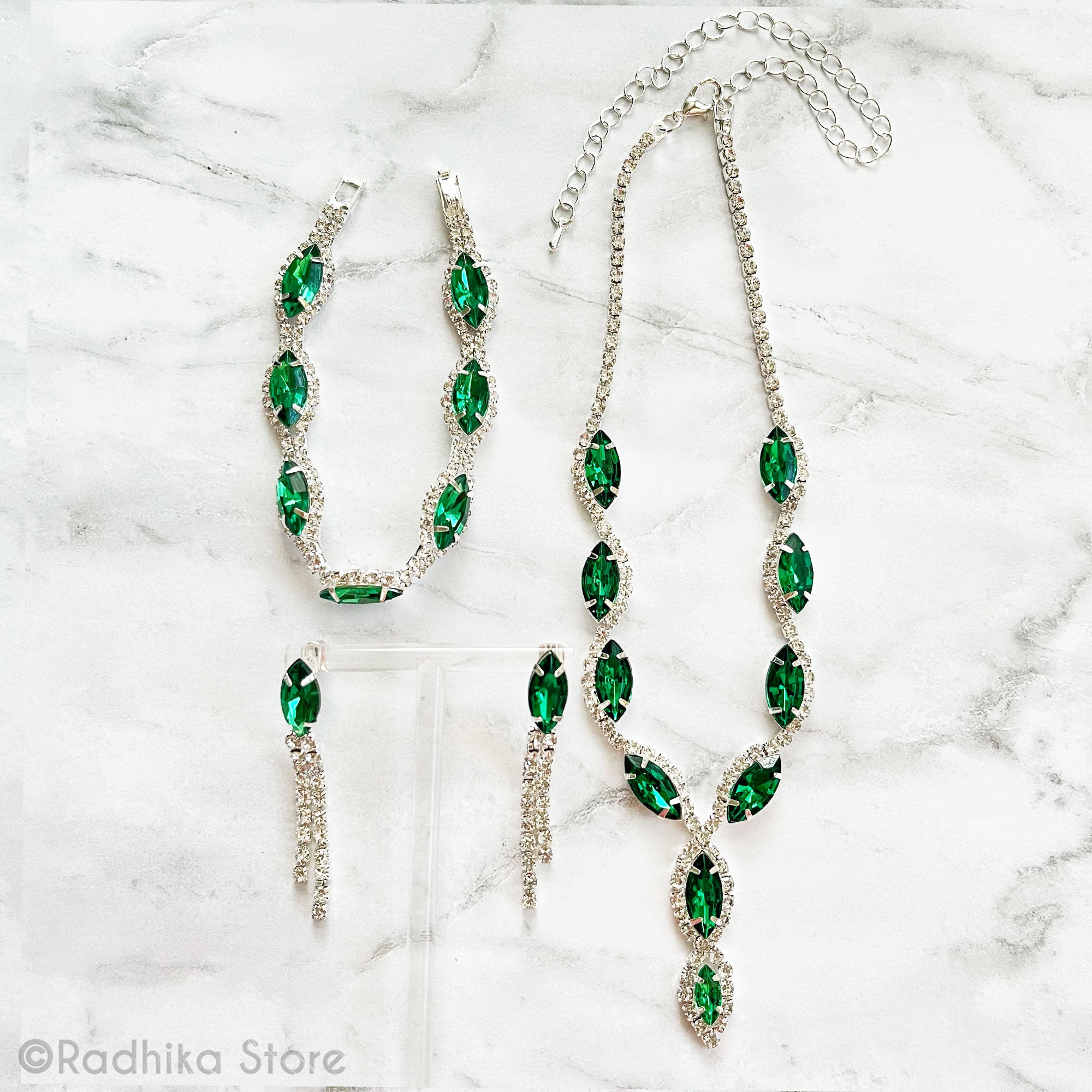 Scalloped Emerald Marquise - Rhinestone Deity Necklace- Armlet And Earring Set