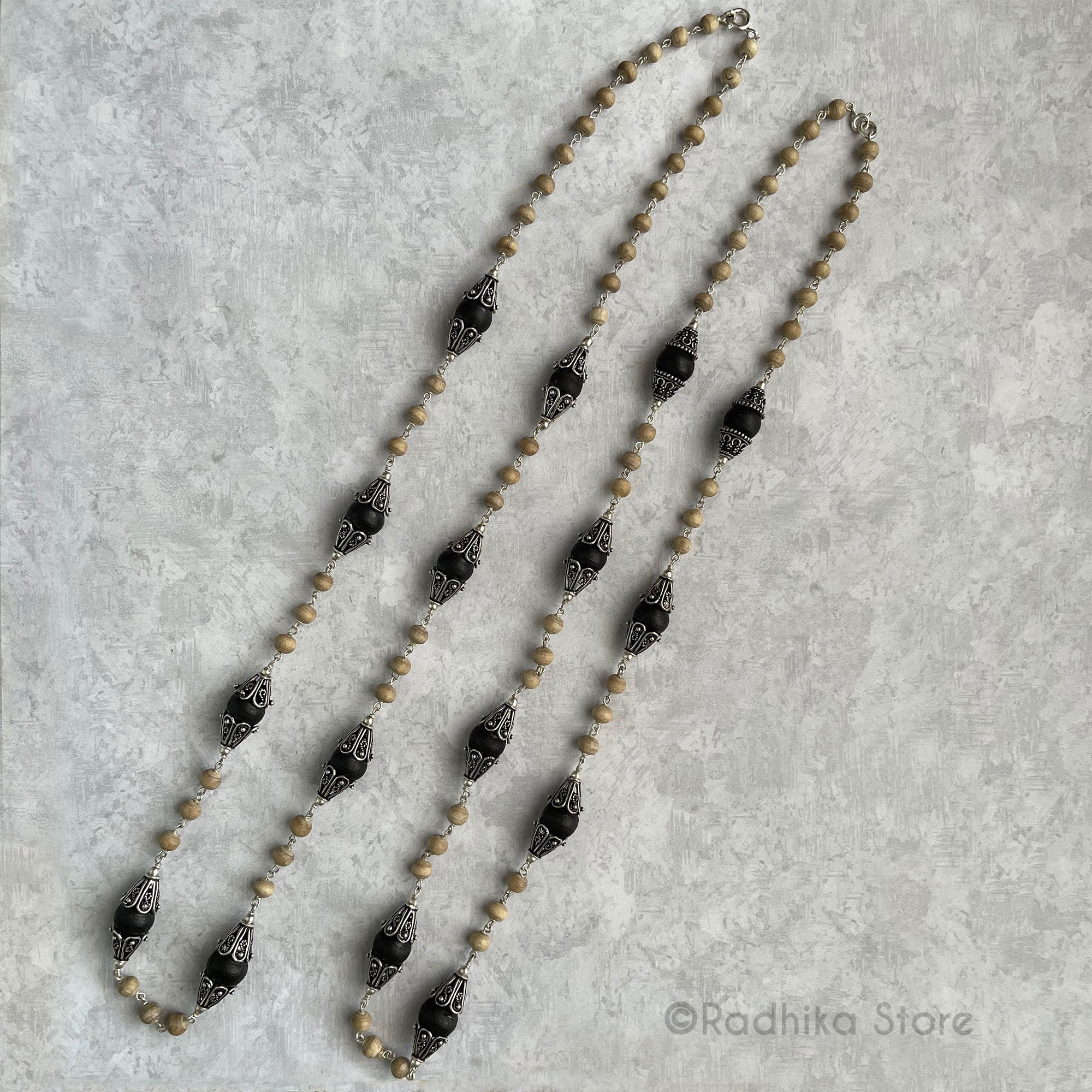 Exclusive Design -  Black and Natural -  Fancy Long End Cap- Tulsi Silver Necklace- Choose Size