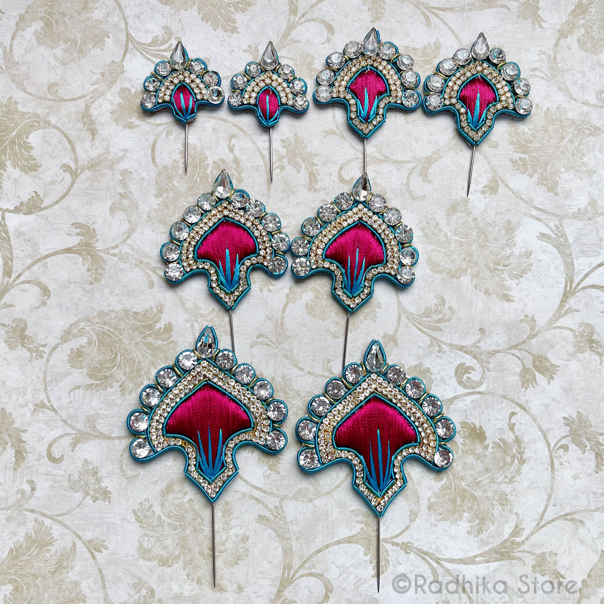 Vrindavan Fan - Bright Pink with Teal Metal - Embroidery Turban Pins Set of 2