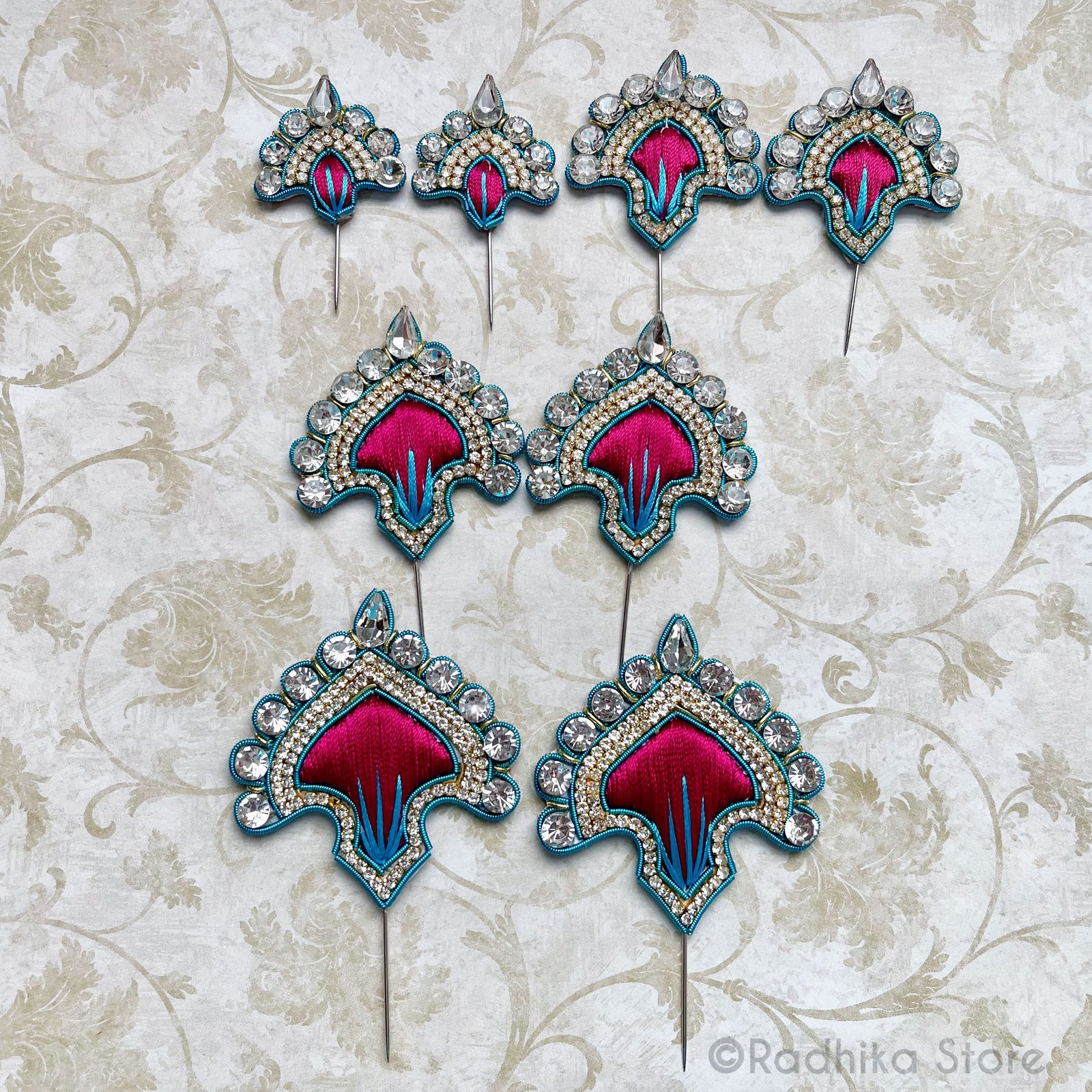 Vrindavan Fan - Bright Pink with Teal Metal - Embroidery Turban Pins Set of 2