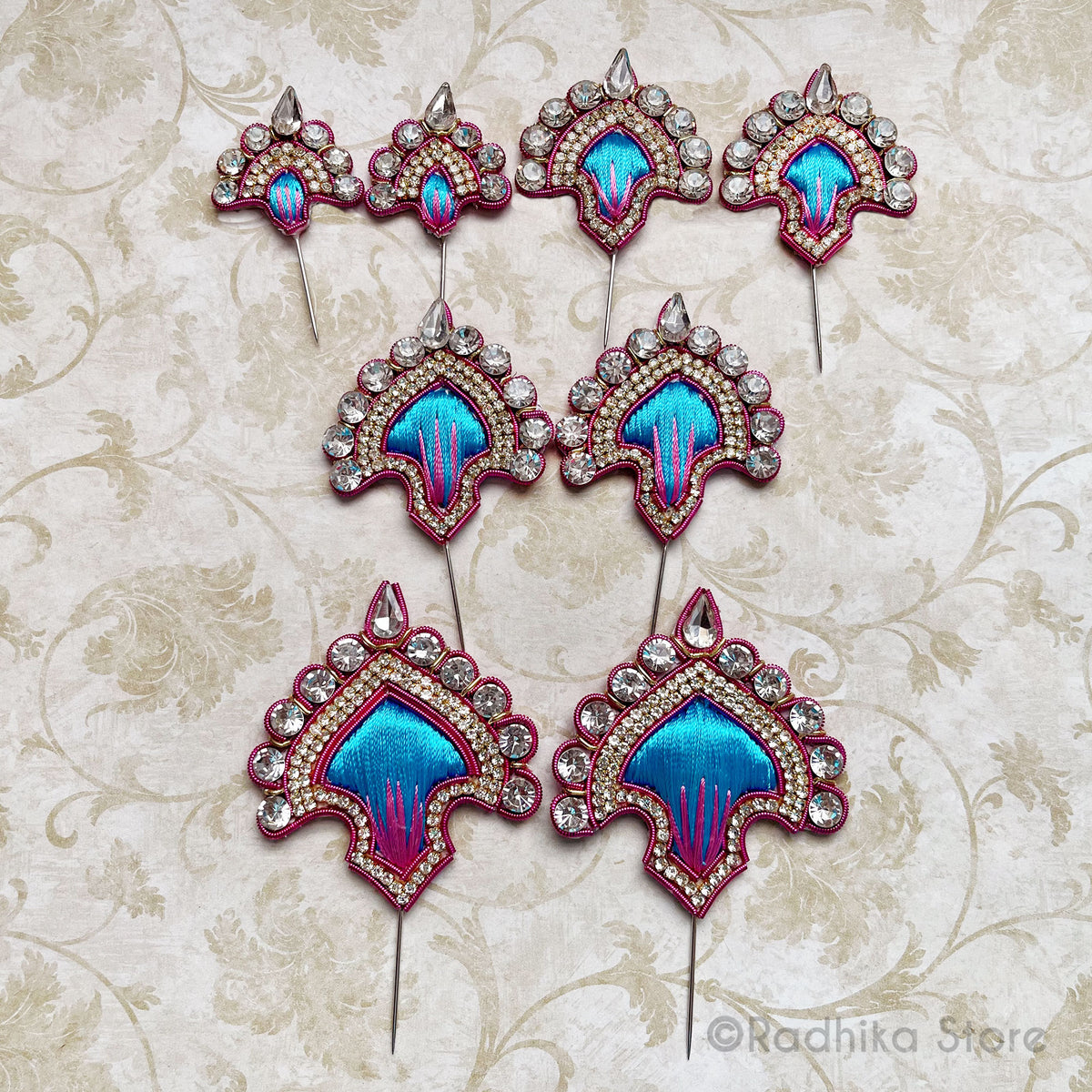 Vrindavan Fan - Teal with Pink Metal - Embroidery Turban Pins Set of 2