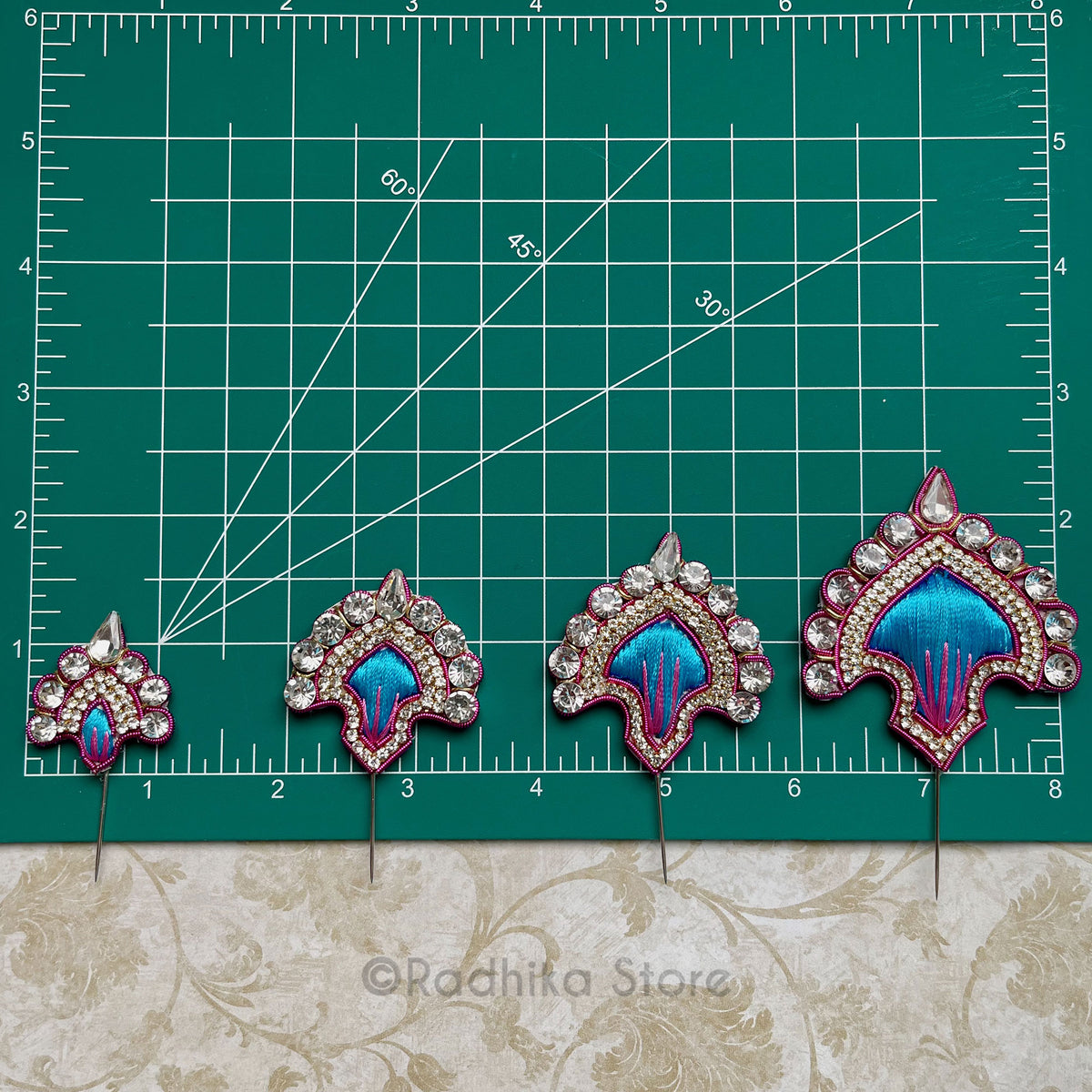 Vrindavan Fan - Bright Pink with Teal Metal - Embroidery Turban Pins Set of 2