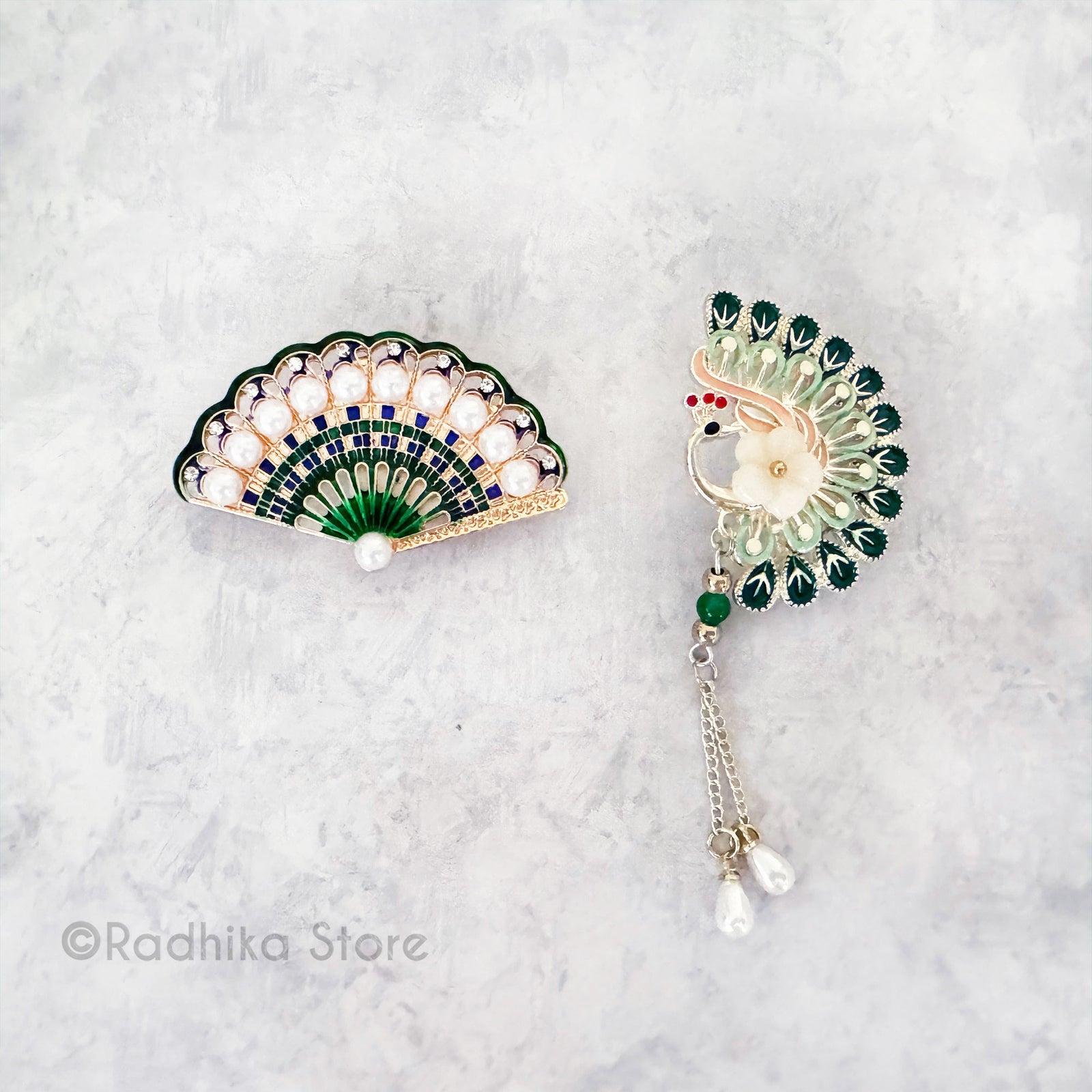 Green  With Pearls - Fan -  Pins