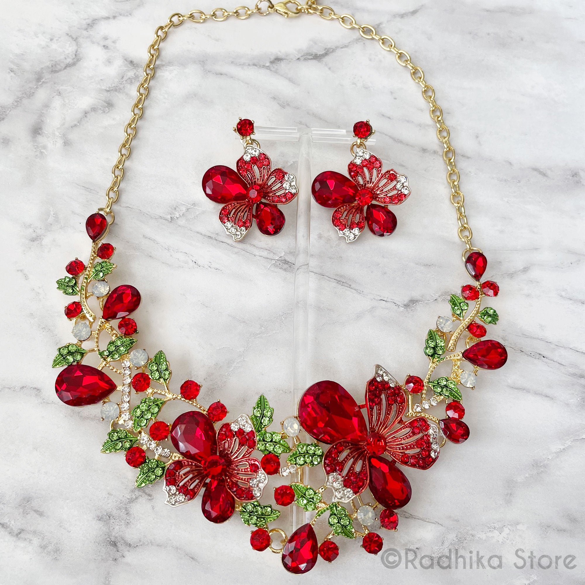 Festival Flowers-Red and Green Crystals-Deity Necklace And Earring Set