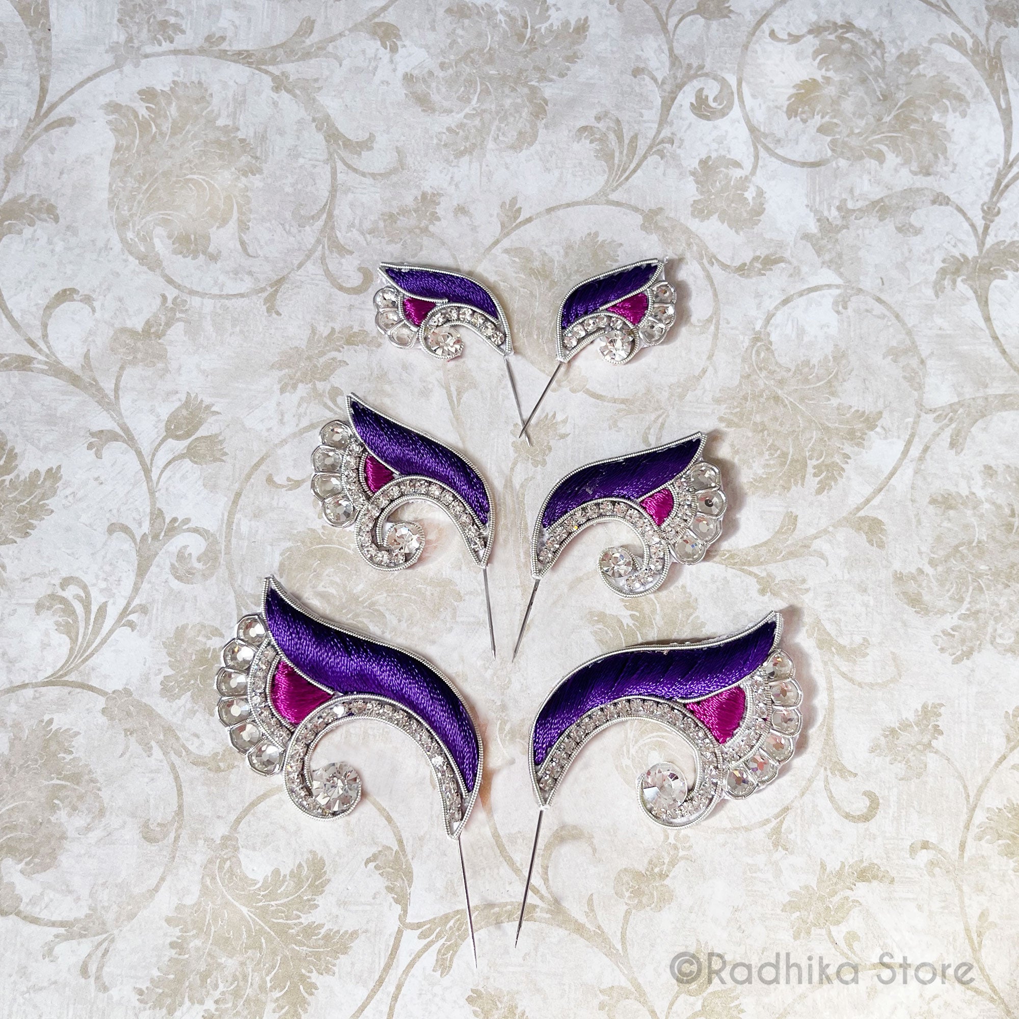 Mayapur Fan Flower - Purple - Embroidery Turban Pins - Set of 2