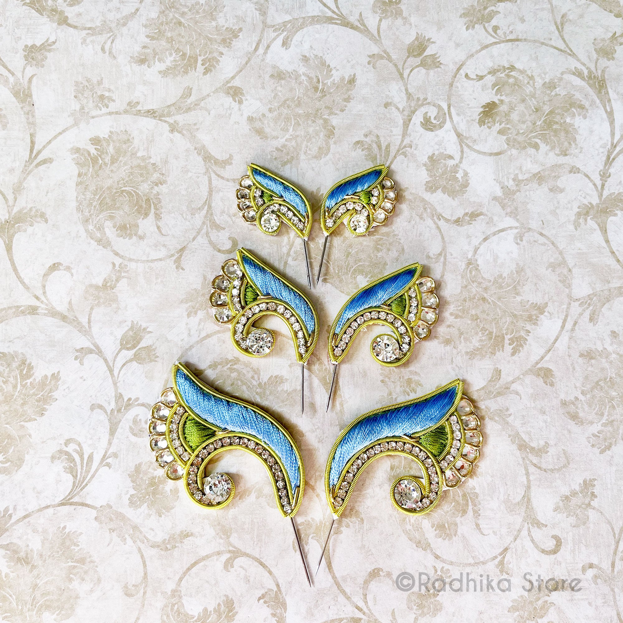 Mayapur Fan Flower - Krishna Blue - Embroidery Turban Pins - Set of 2