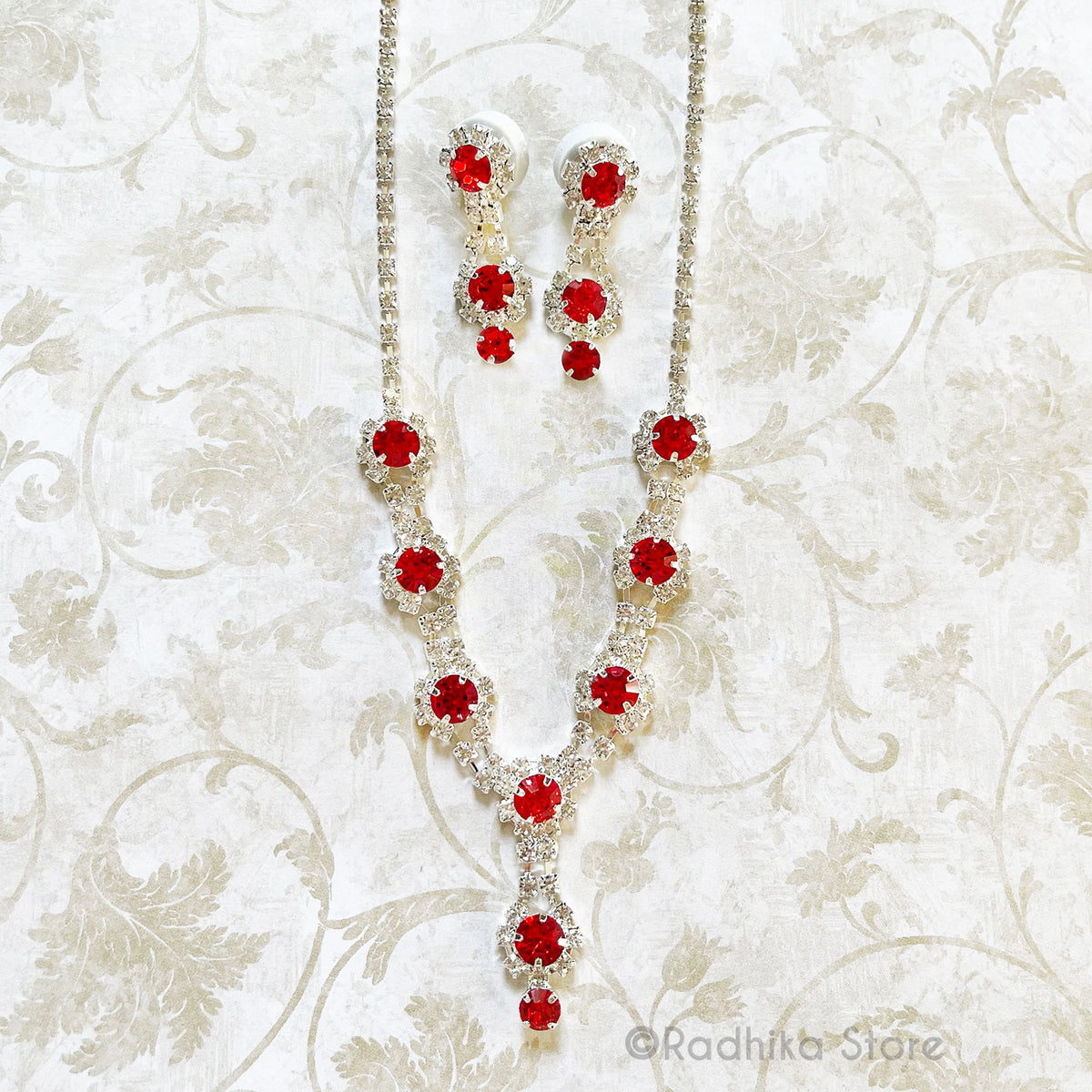 Flower Drops - Rhinestone Deity Necklace And Earring Set