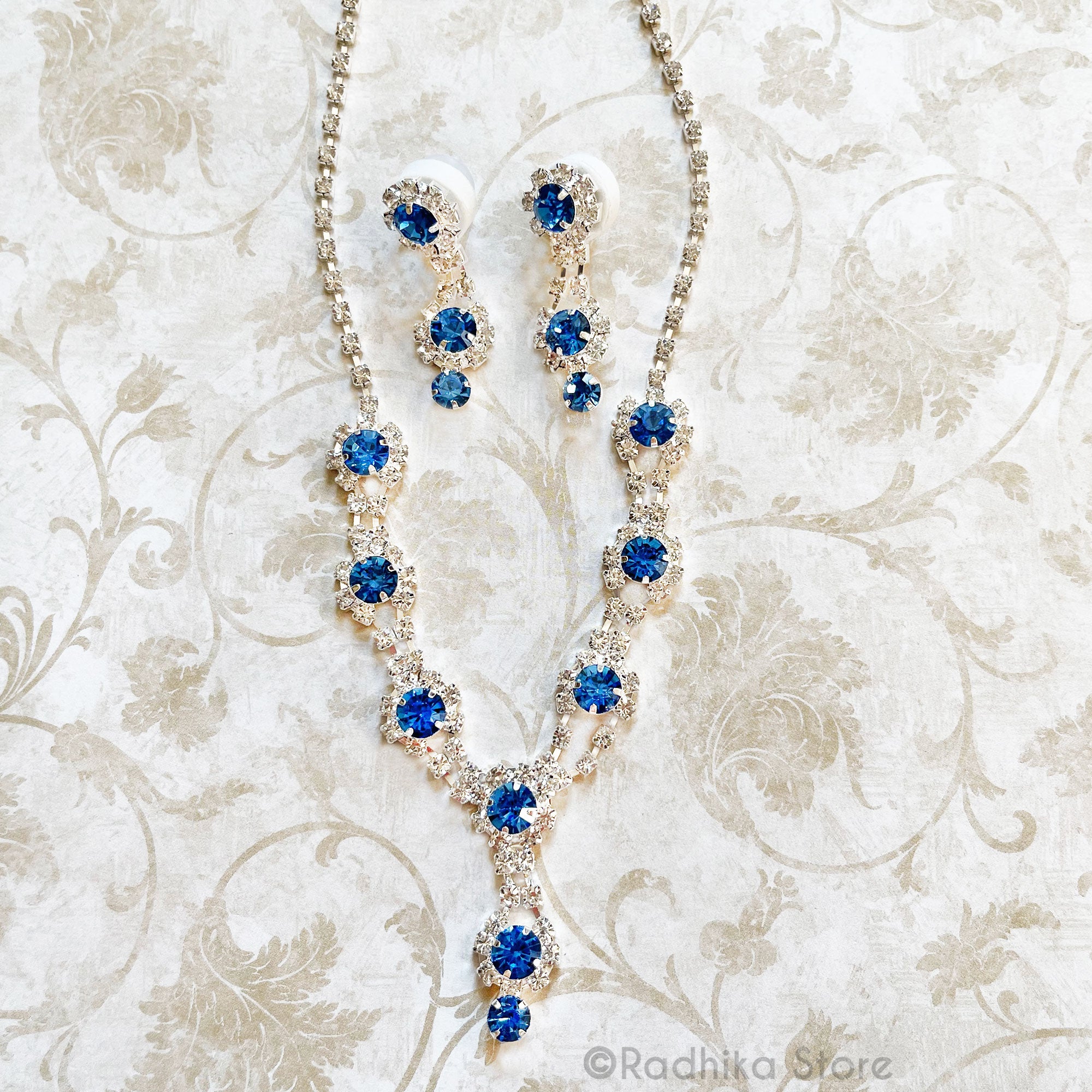 Flower Drops - Rhinestone Deity Necklace And Earring Set