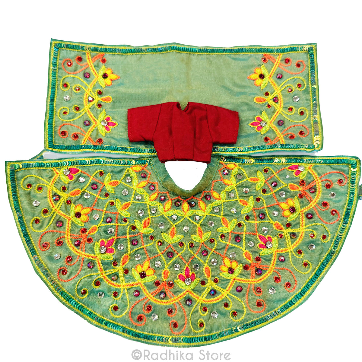 Dazzling Flower Lights - Opalescent Green and Red- Silk - Radha Krishna Deity Outfit