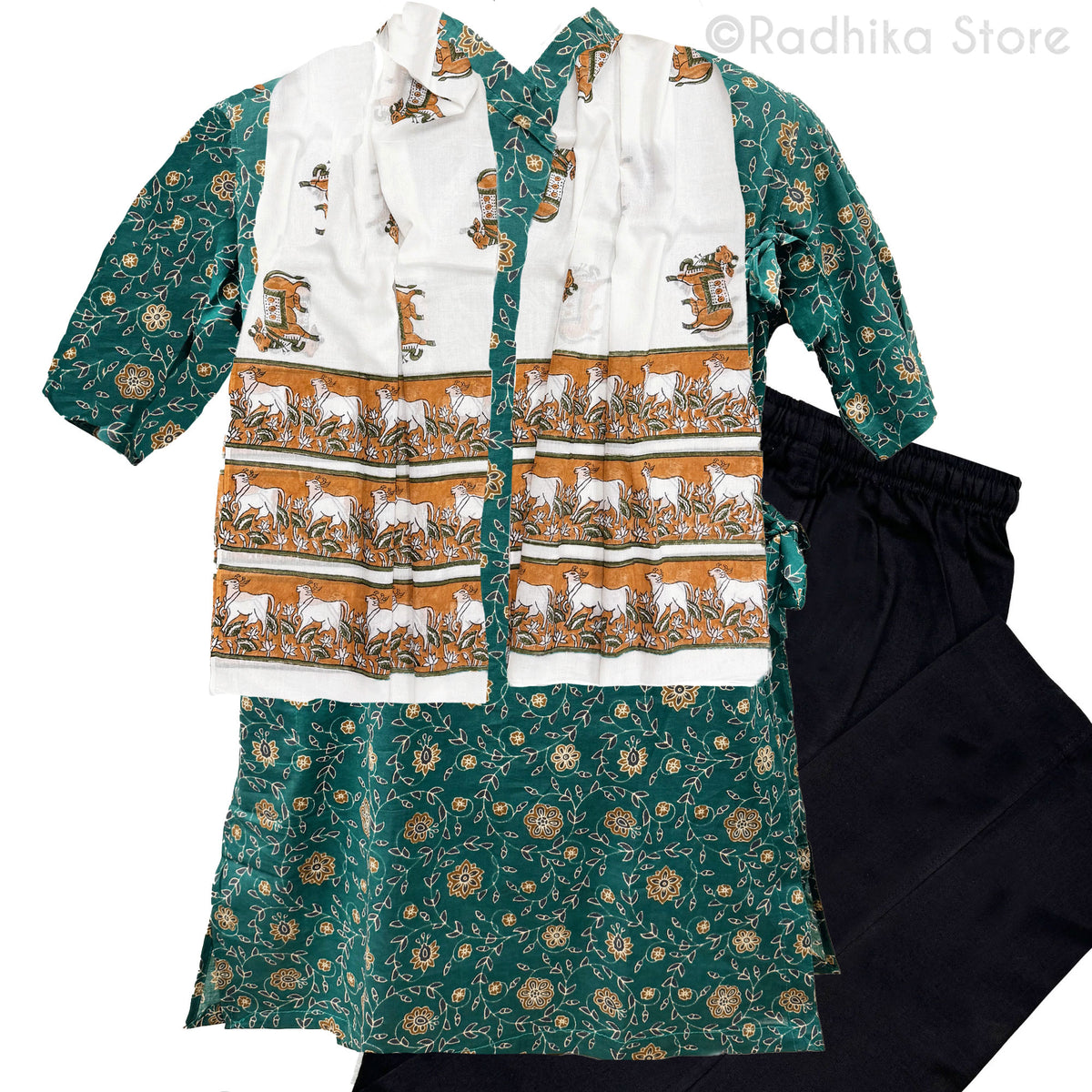 Bagal Bandi Style- Cotton Kurtas - Dark Teal with Flowers-S-M-L XL