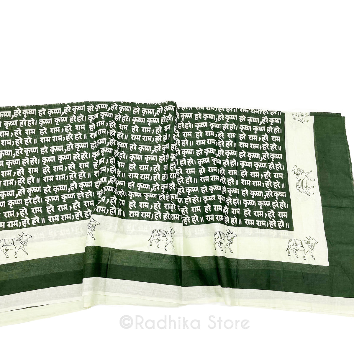 Wide Forest Green Stripe -  Maha Mantra Chadar - With Vrindavan Cows