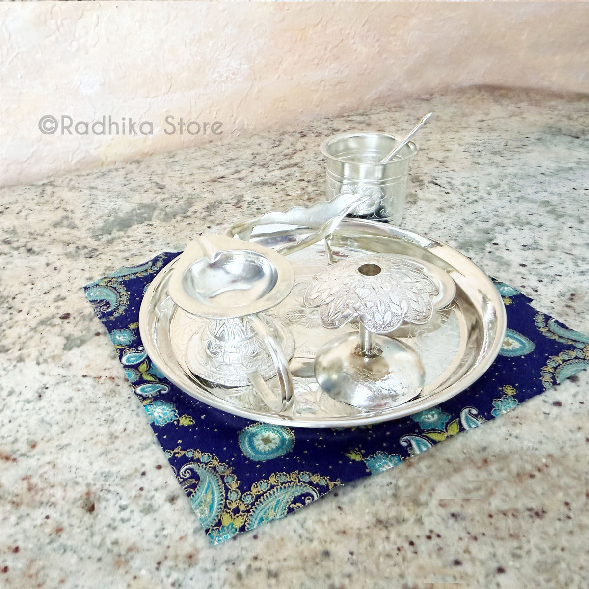 Exquisite Silver Arati Tray Complete Set - 5" Inch Mini Set