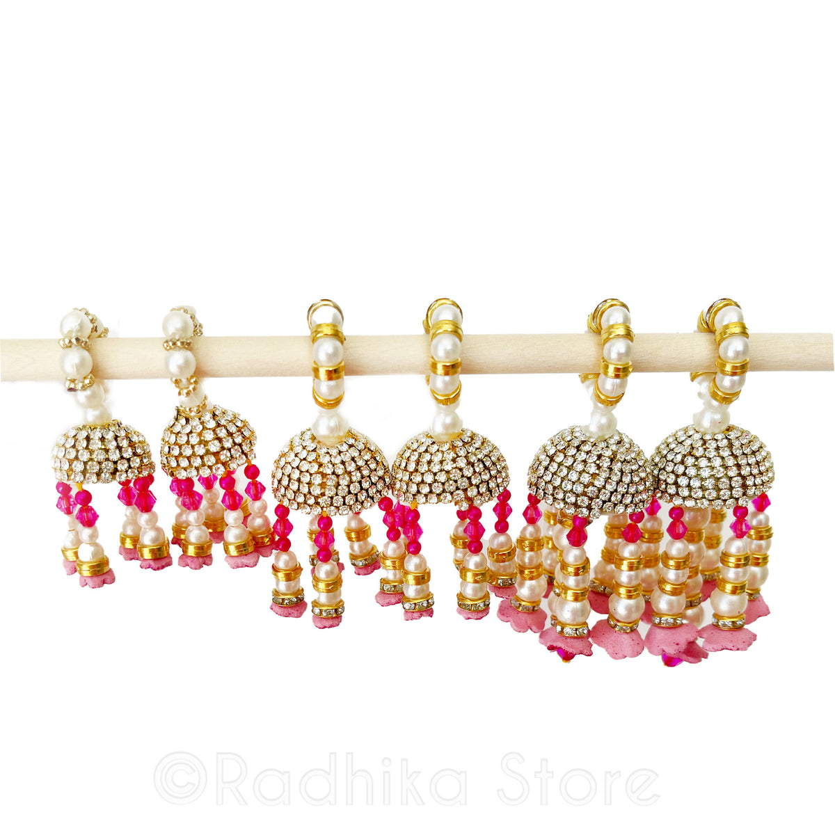 Vrindavan Flower Bell Bangles - Fuchsia, Red and White - Set of 2