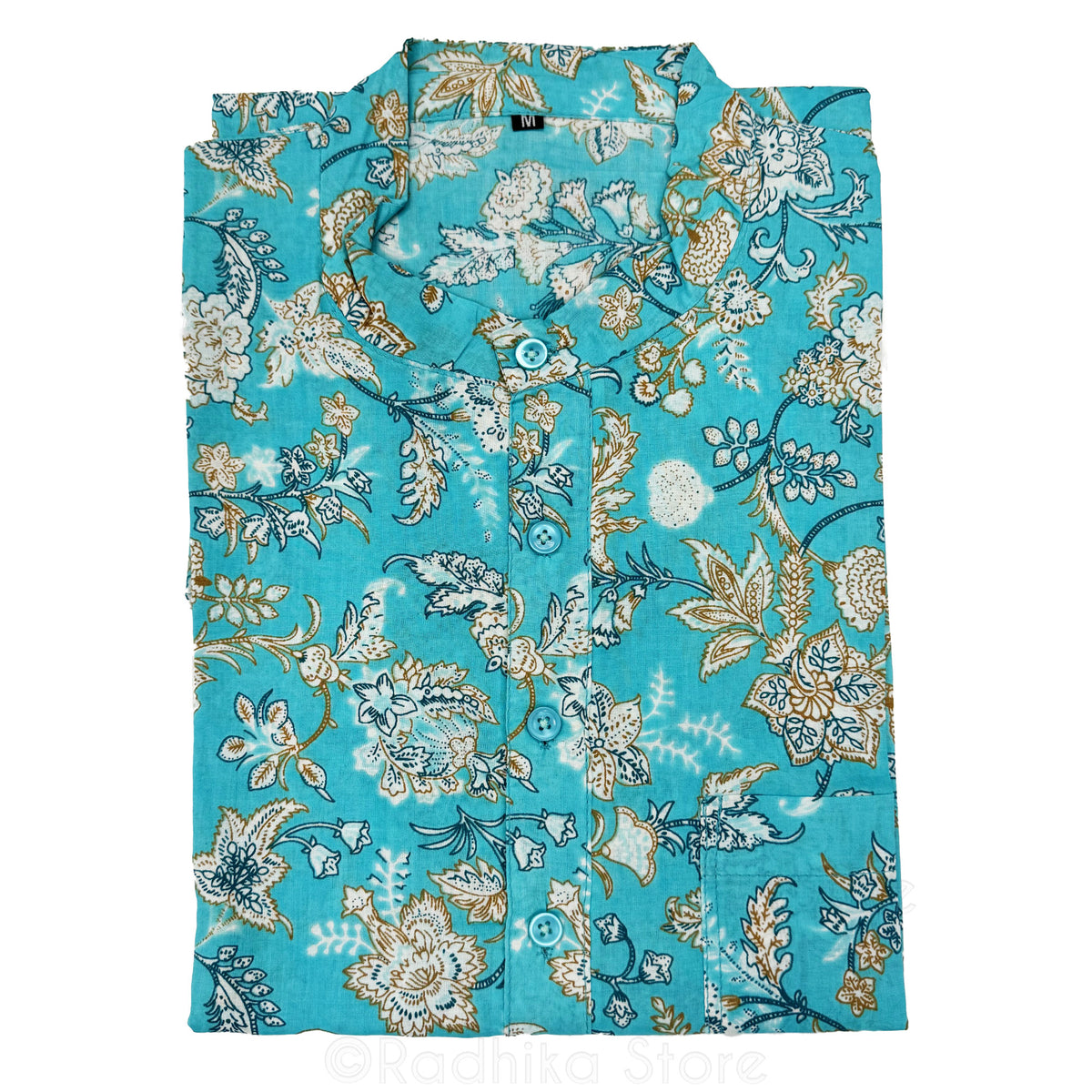 Tropical Ganga Flowers - Blue Cotton Kurtas - S-M-L