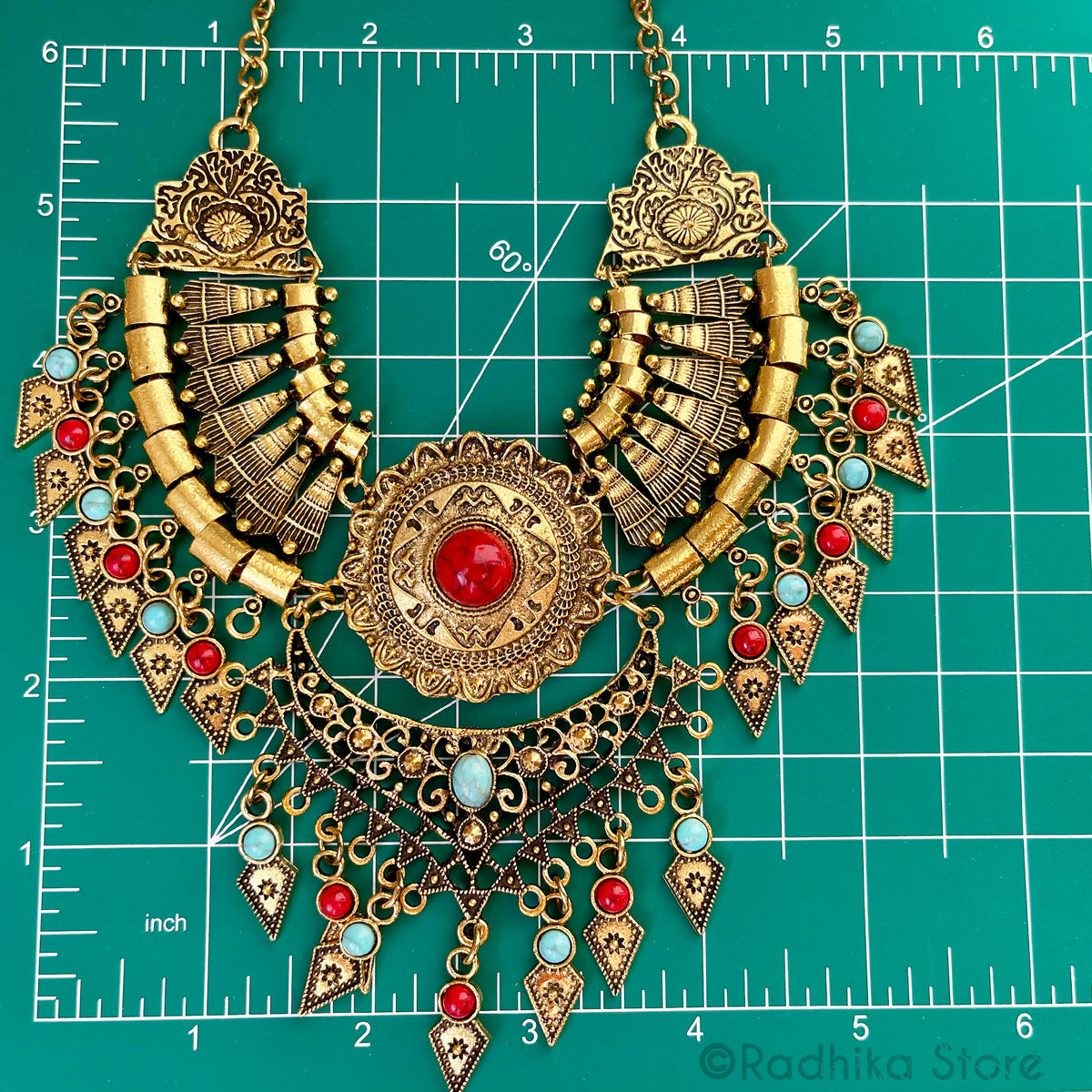 Gaurada Necklace/ Belt - Gold With Turquoise and Coral