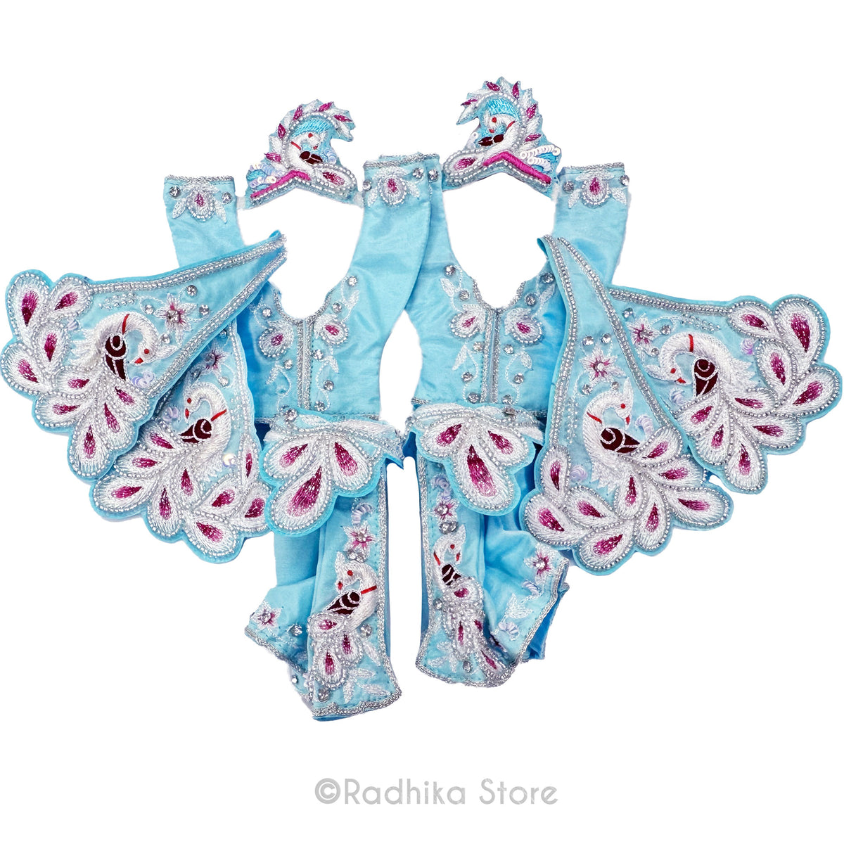 Vrindavan White Peacocks - Baby Blue - Silk - Gaura Nitai Deity Outfit