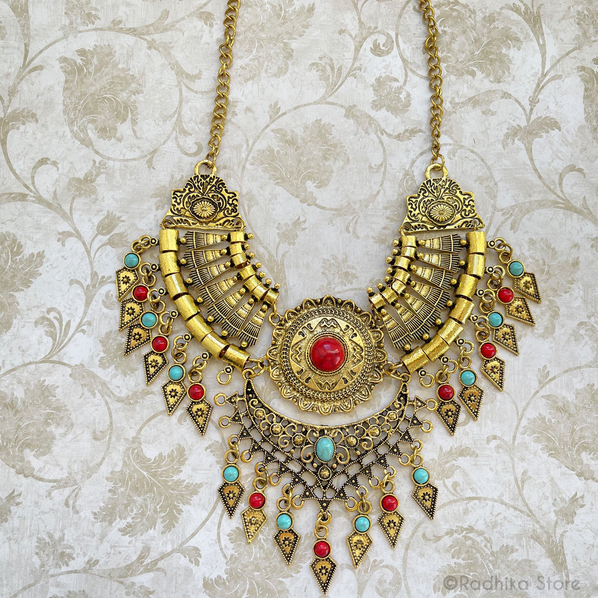 Gaurada Necklace/ Belt - Gold With Turquoise and Coral