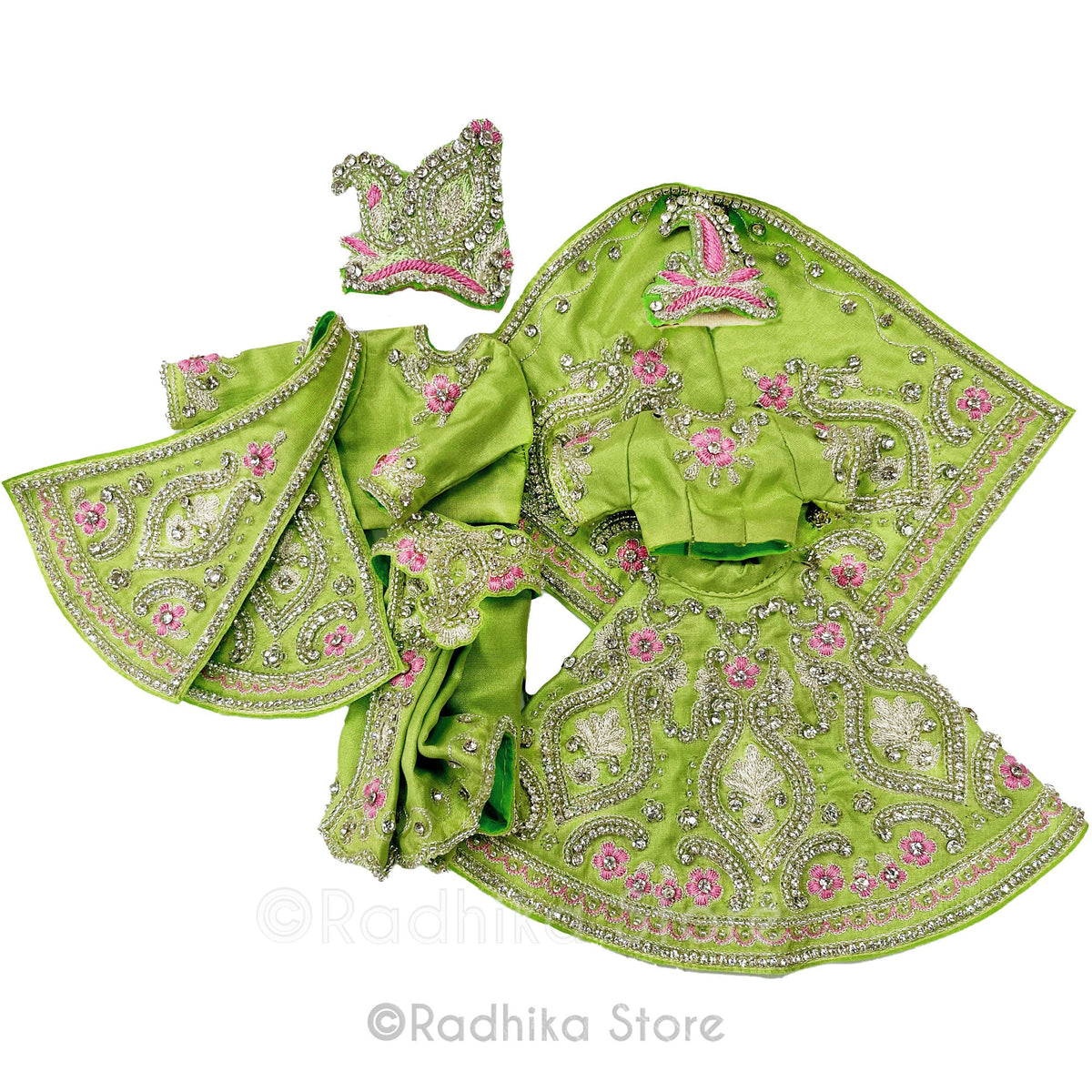 Glistening Vrinda Kund - Green - Silk - Radha Krishna Deity Outfit
