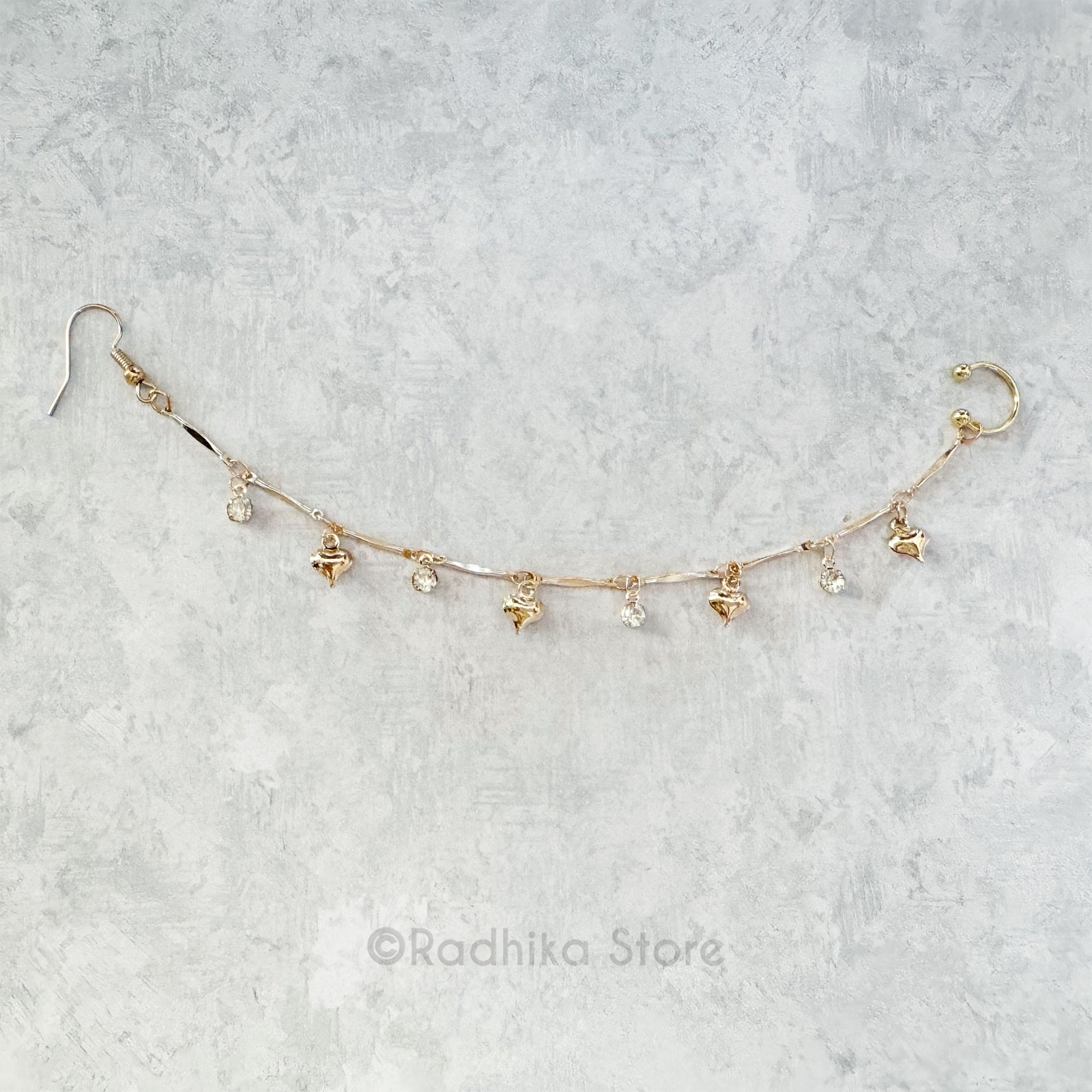Golden Heart With Rhinestones Nose Ring and Chain- 6.5 Inch Inch