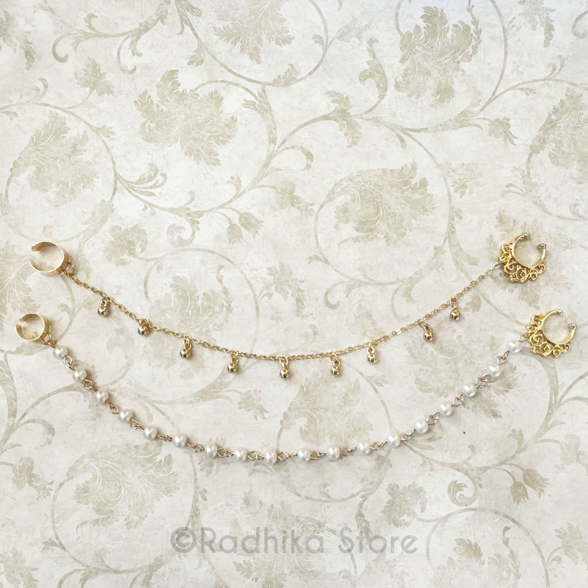 Pearl or Gold Nose Ring and Chain- Size 7.5 Inch Inch