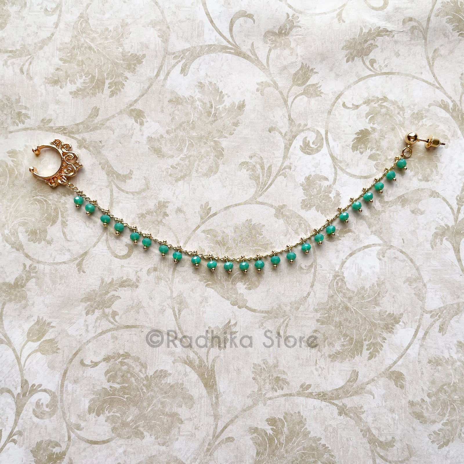 Gold Color Nose ring and Chain with Green Beads- Size 6.5 Inch Inch