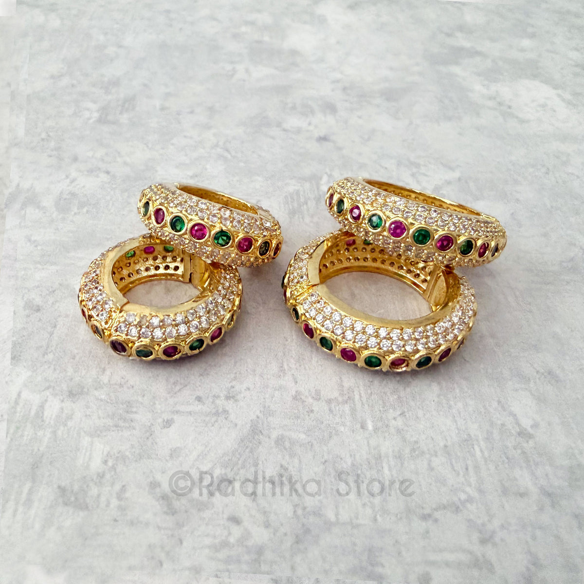 Golden With Diamonds Rubies and Emeralds Best Quality Bangles- Choose Size