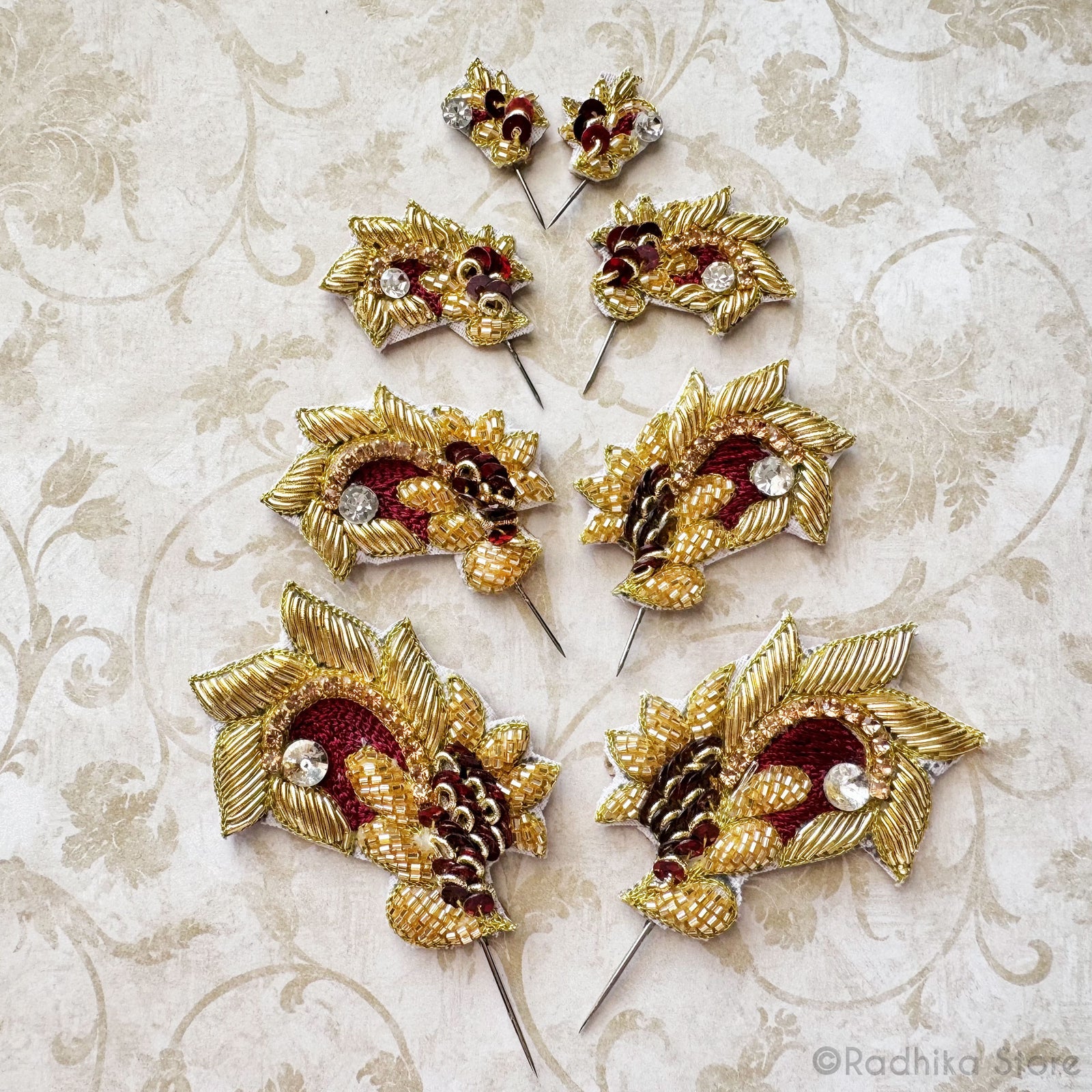 Festival Curls - Golden Maroon - Embroidery Turban Pins - Set of 2