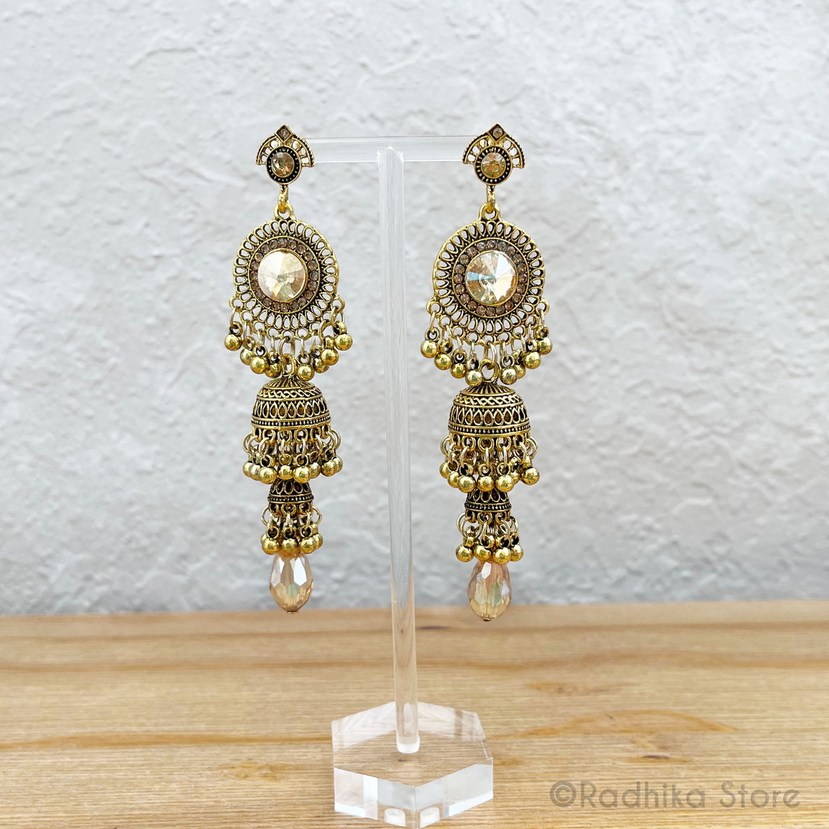 Long Crystal Gong Bell Jhumka - Earrings