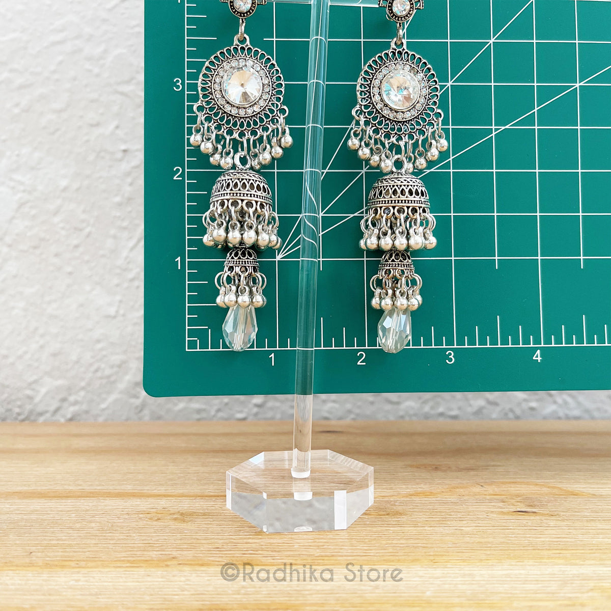 Long Crystal Gong Bell Jhumka - Earrings