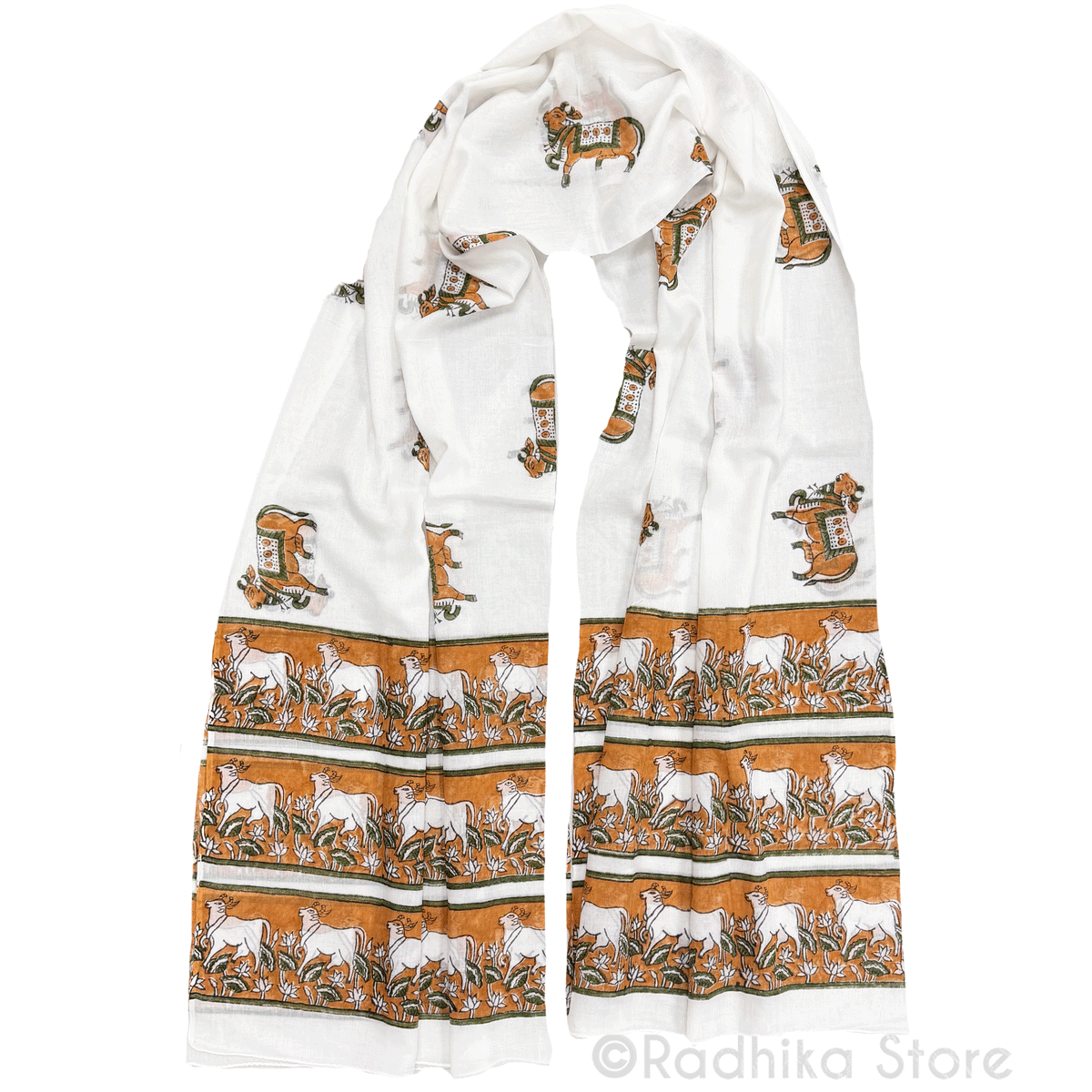 Govardhana Surabhi Cows - Rust and Green-Cotton Chadar
