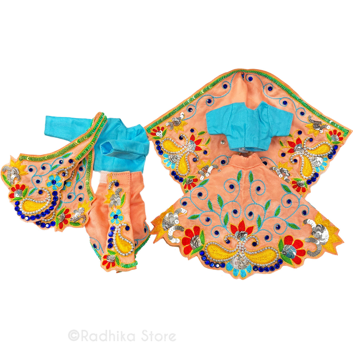 Govinda Kund - Peach and Turquoise Blue - Silk - Radha Krishna Deity Outfit