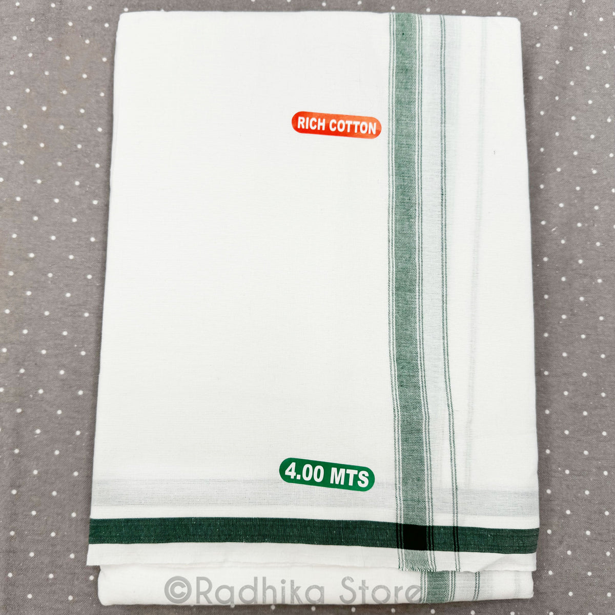 White Cotton Dhoti  - With Green Stripe Bottom Line
