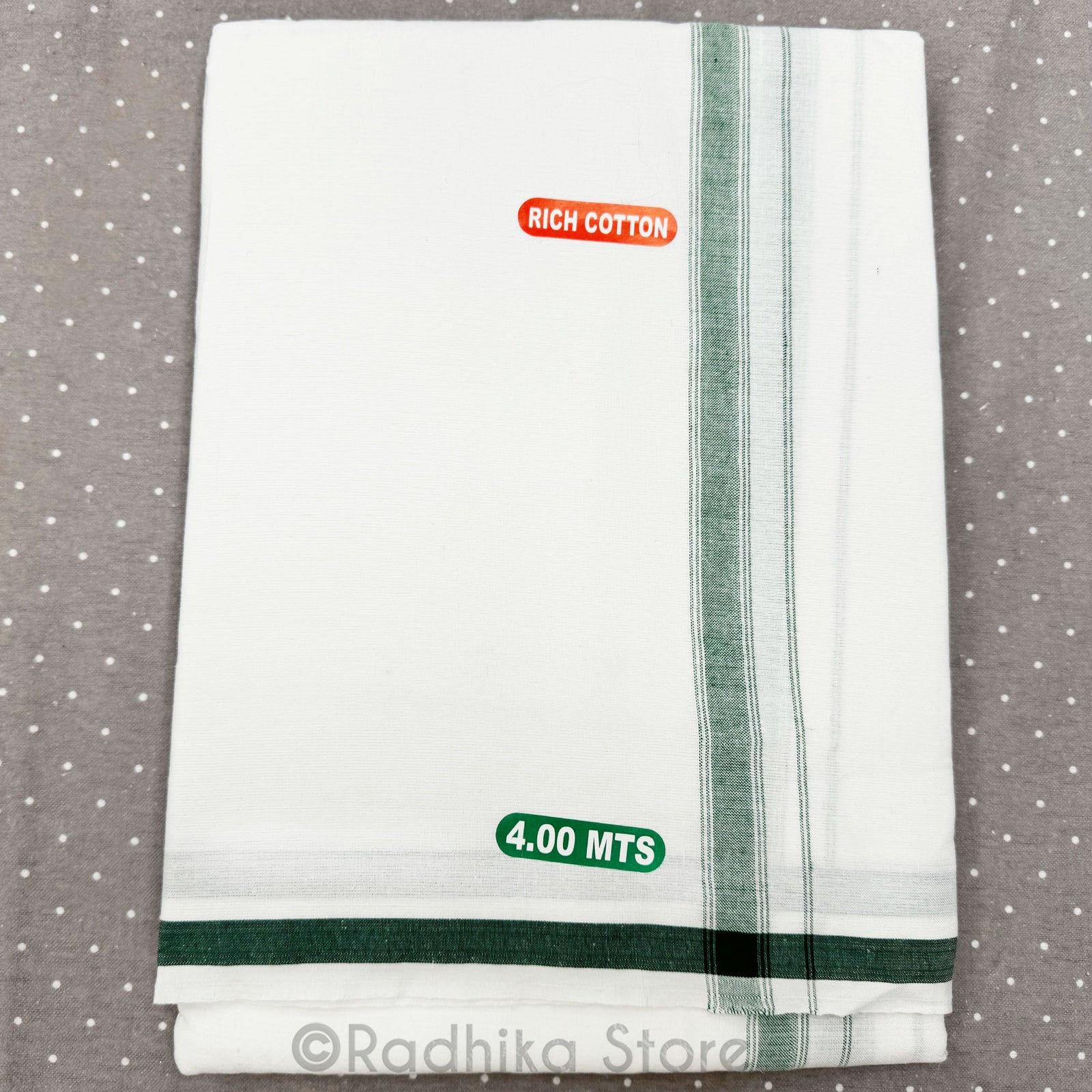 White Cotton Dhoti  - With Green Stripe Bottom Line