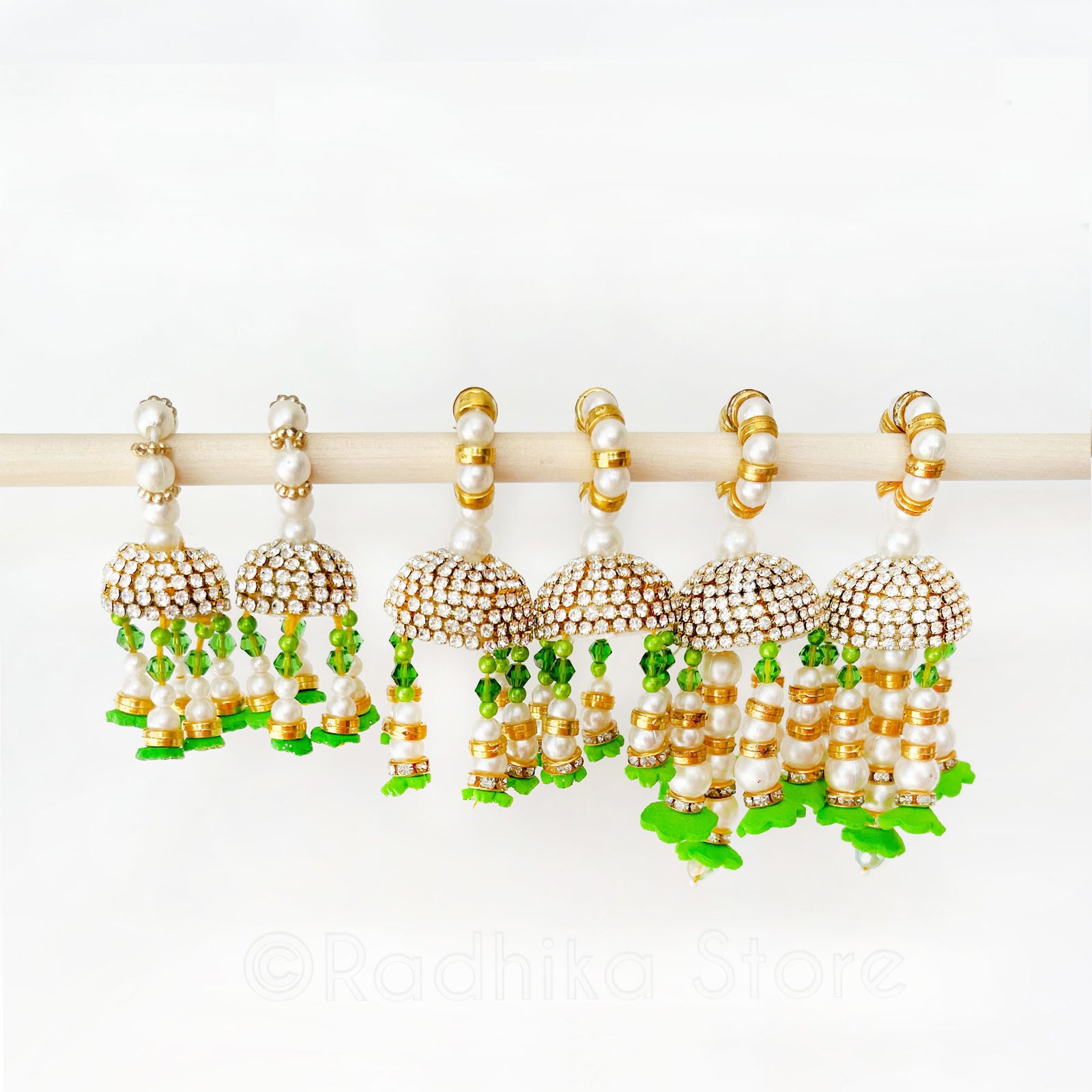 Vrindavan Flower Bell Bangles - Green, Orange and Pink - Set of 2