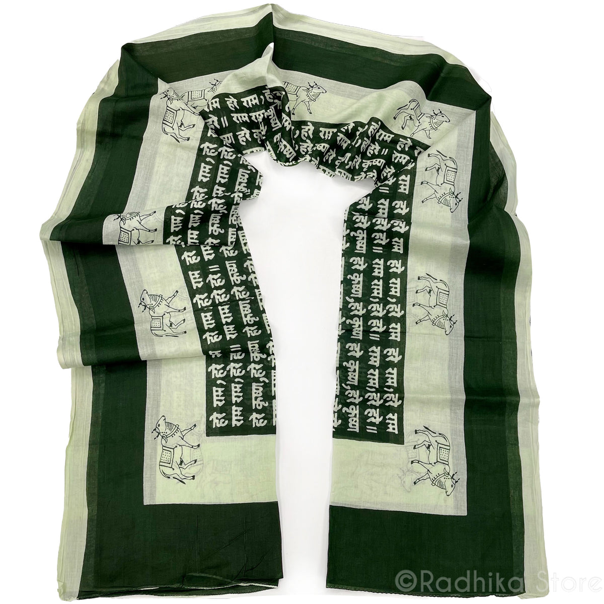 Wide Forest Green Stripe -  Maha Mantra Chadar - With Vrindavan Cows