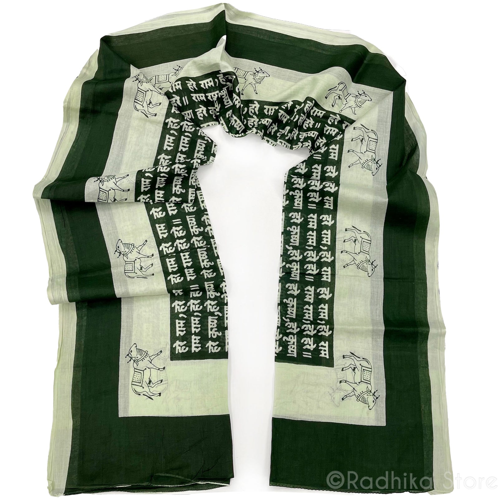 Wide Forest Green Stripe -  Maha Mantra Chadar - With Vrindavan Cows