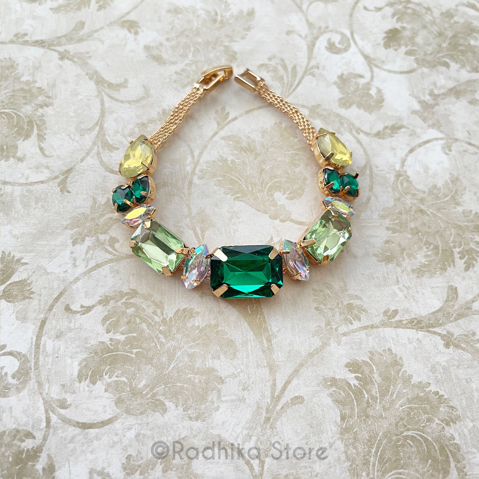 Emerald Cut  Diamonds and Yellow Sapphire- Rhinestone Deity- Bangle Or-