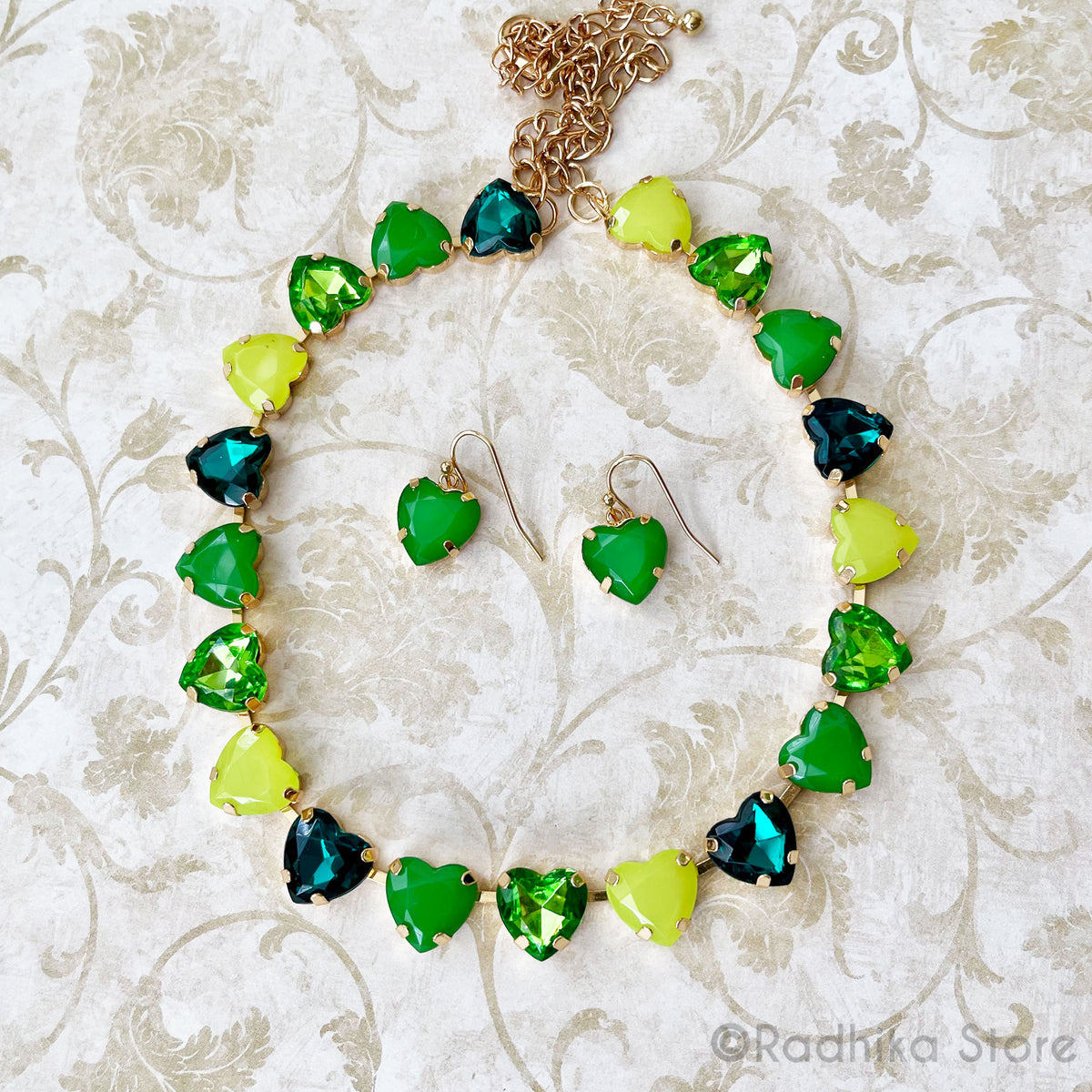For The Love of God-Green Colors-Heart Crystal-Deity Necklace - And Earring Set