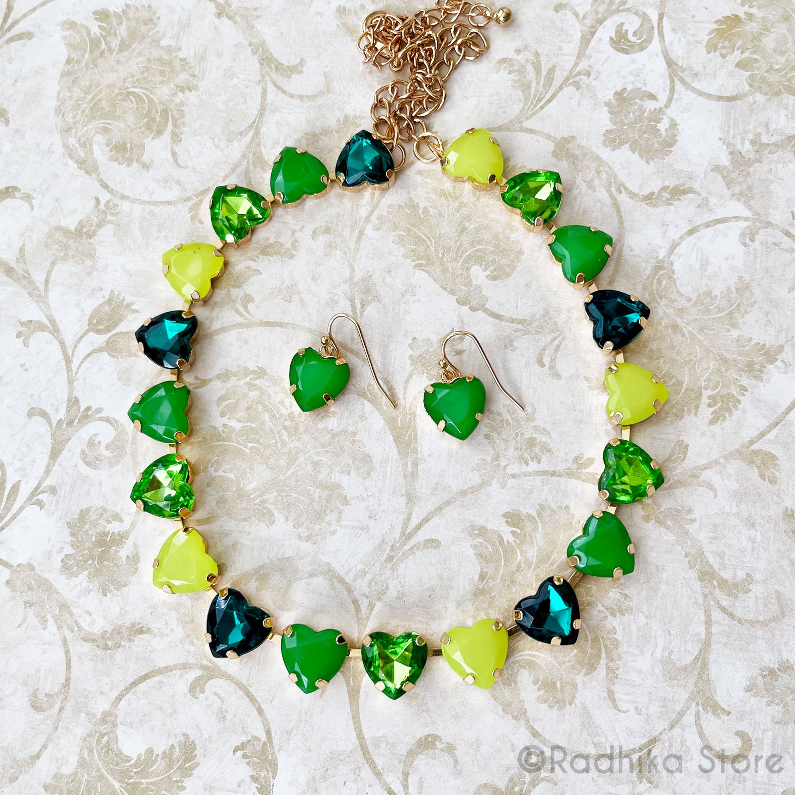 For The Love of God-Green Colors-Heart Crystal-Deity Necklace - And Earring Set
