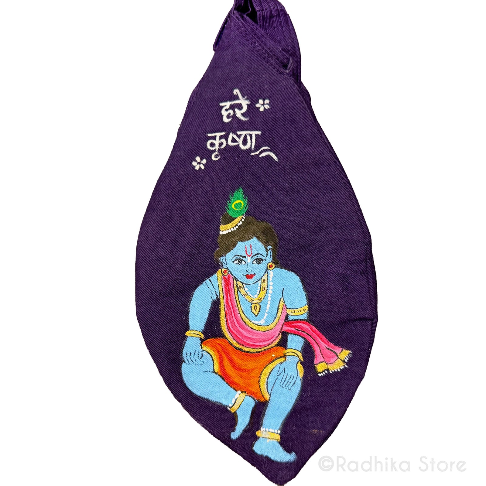 Hare  Krishna Sanskrit - Hand Painted - Dark Blue -Thick Cotton -Bead Bag
