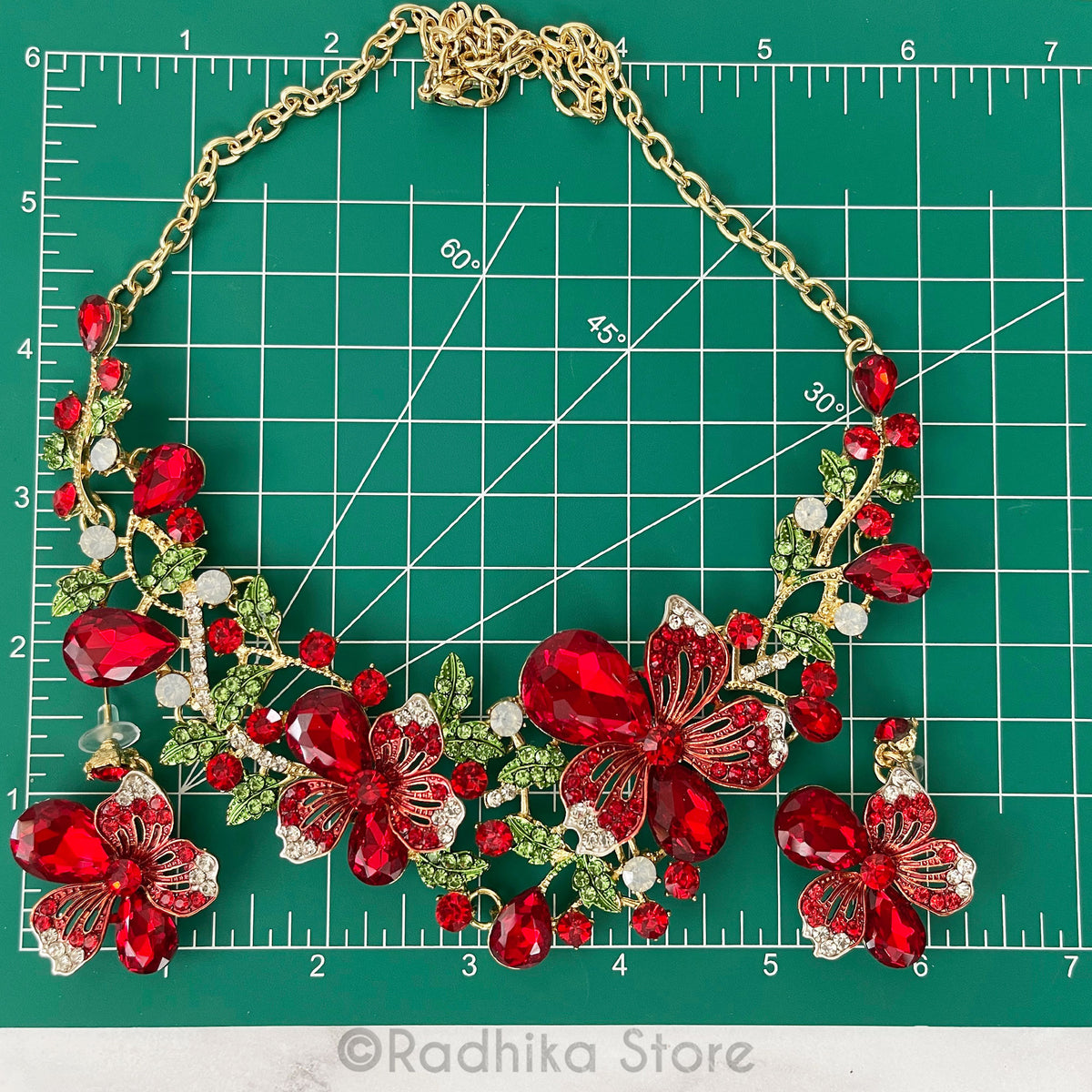 Festival Flowers-Red and Green Crystals-Deity Necklace And Earring Set