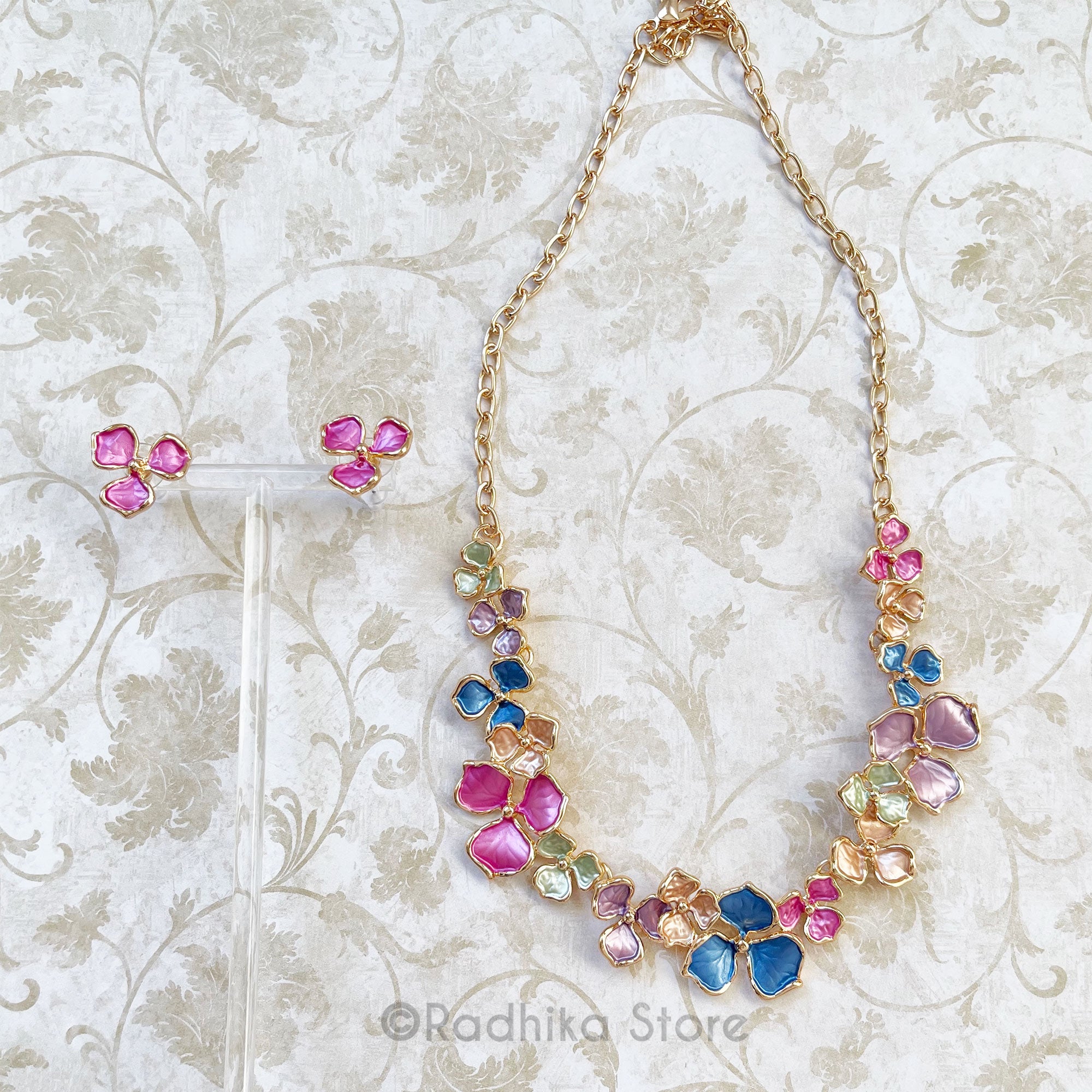 Hydrangea Flowers - Deity Necklace and Earrings Set - With Gold Color