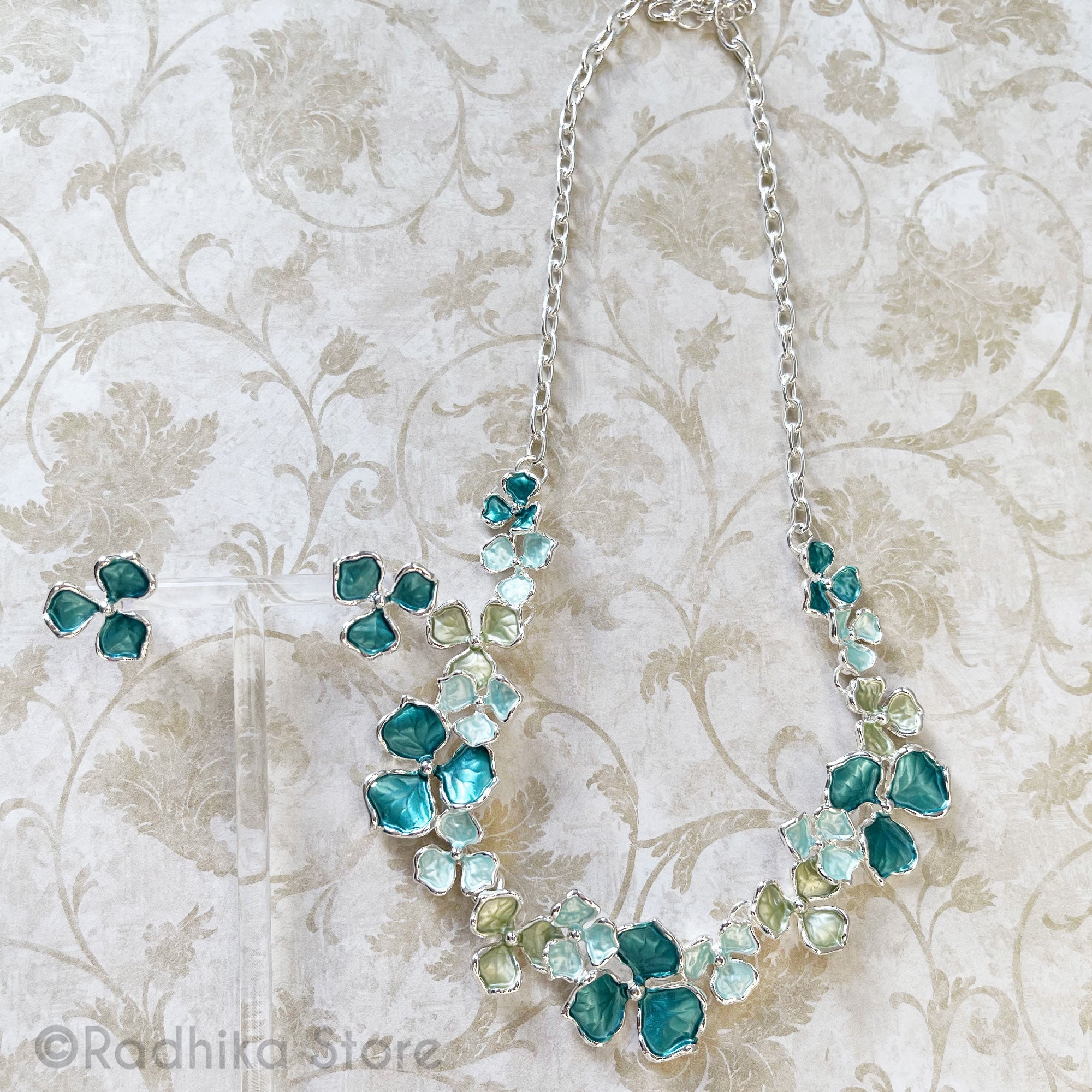 Hydrangea Flowers - Deity Necklace and Earrings Set -  Teal With Silver Color