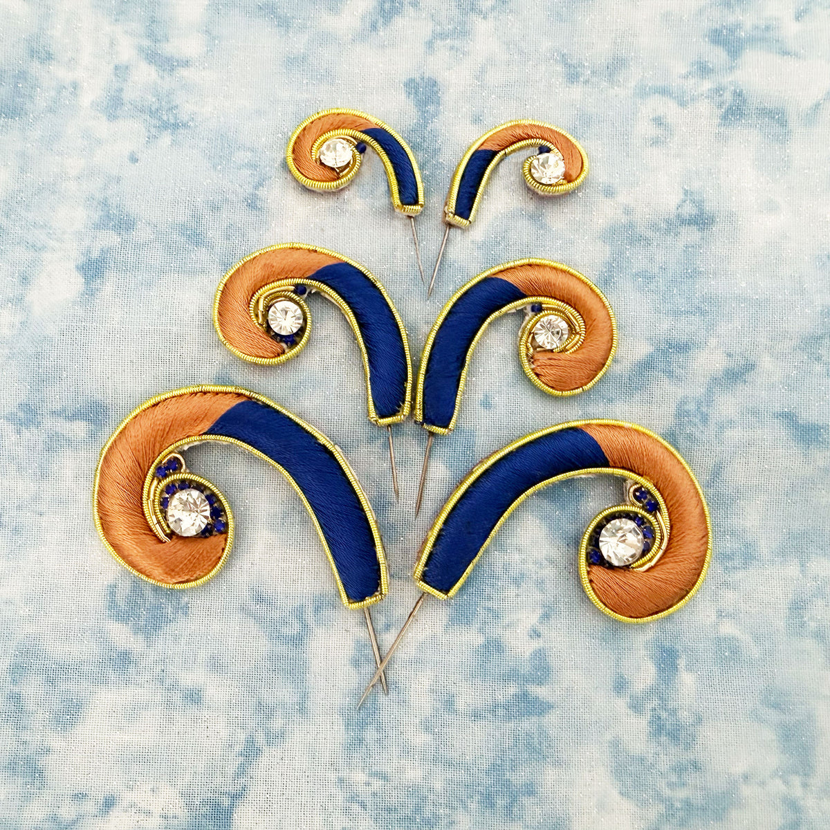 Mayapur Curls - Golden Earth Indigo- Embroidery Turban Pins - Set of 2