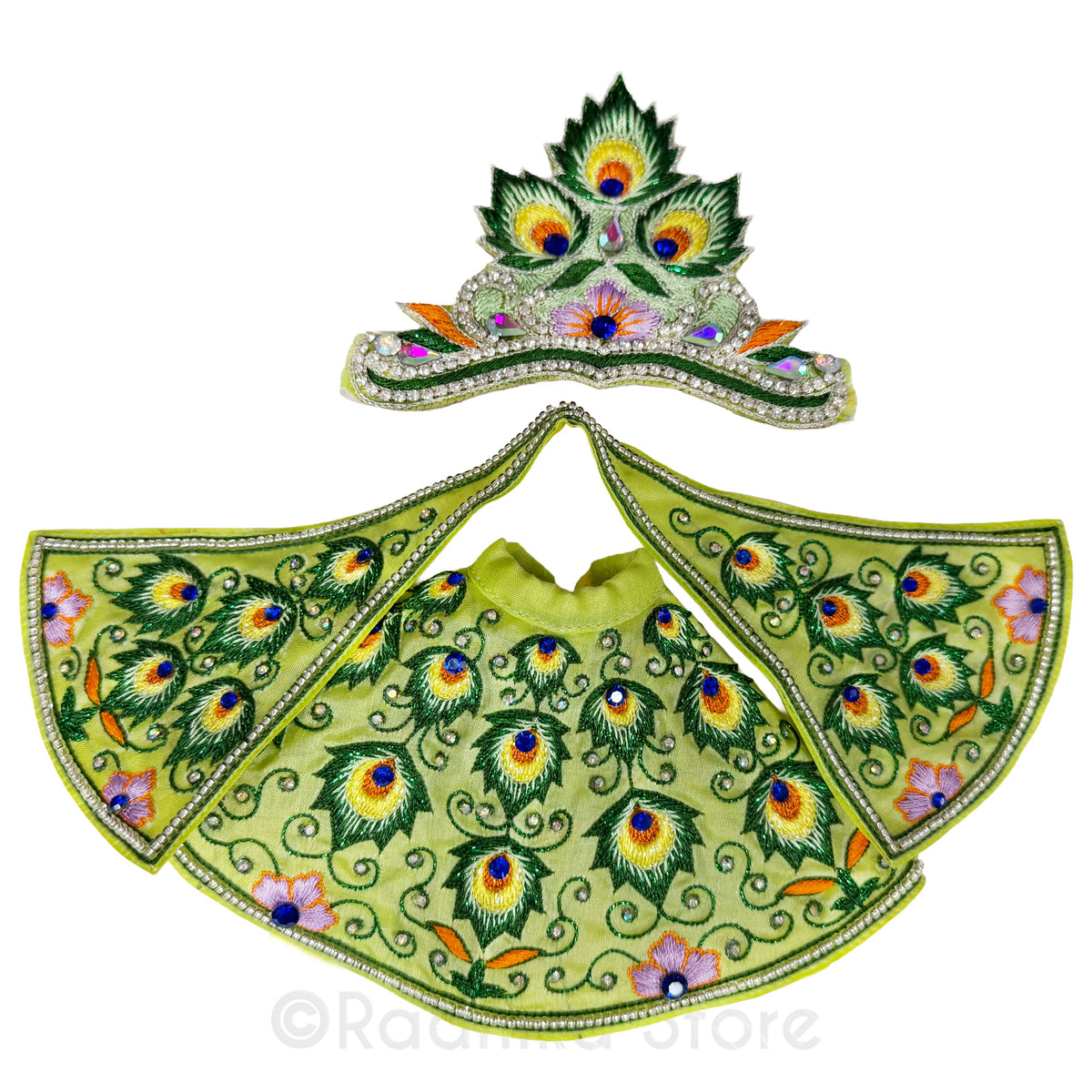 Peacock Feather at Vamsi Vat - Lime Green - Silk - Jagannath Baladeva Subhadra Deity Outfit