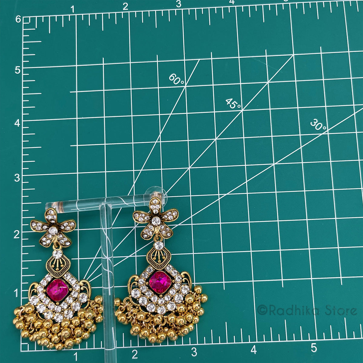 Gold Jhumka - Flower With Diamond Shape Gems - Earrings