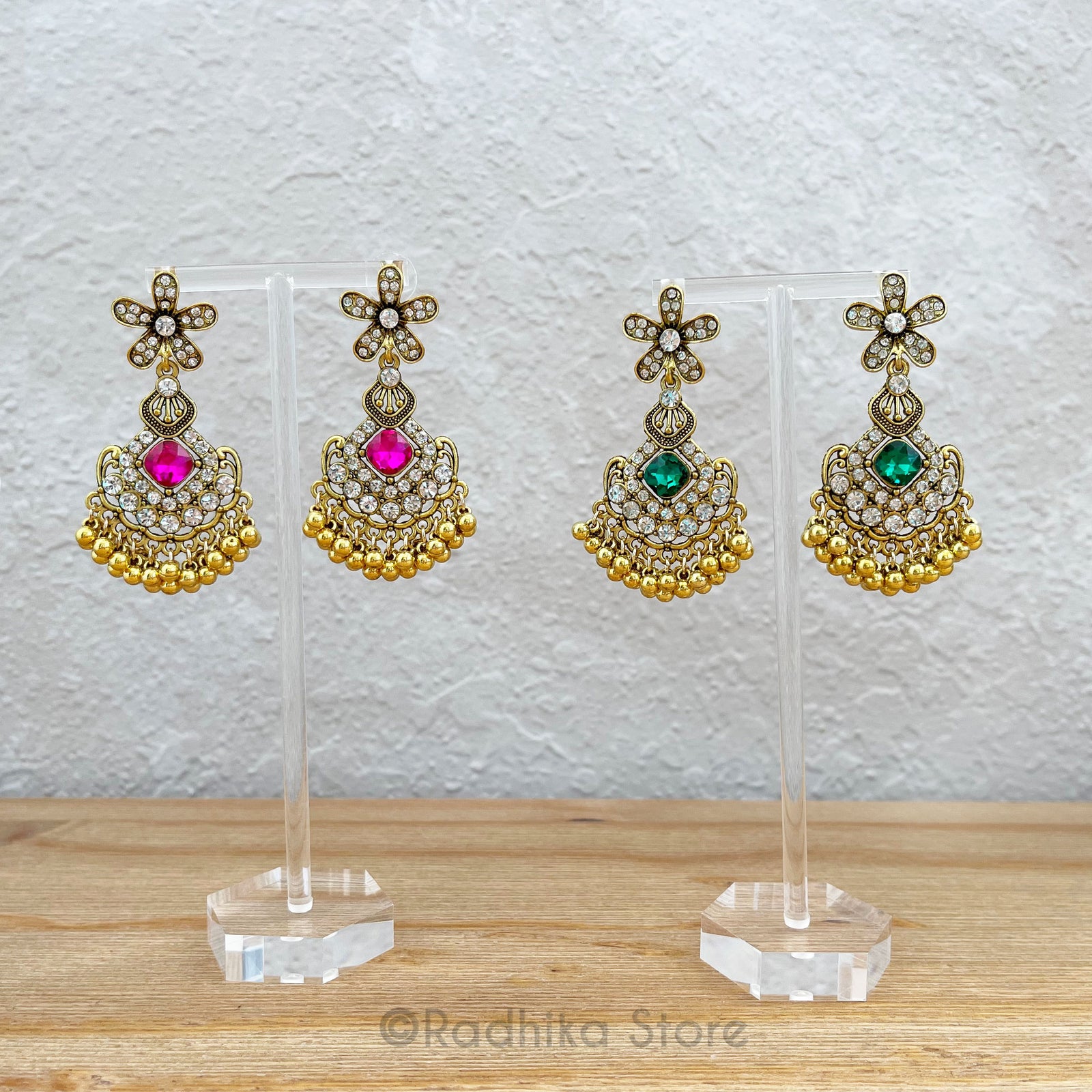 Gold Jhumka - Flower With Diamond Shape Gems - Earrings