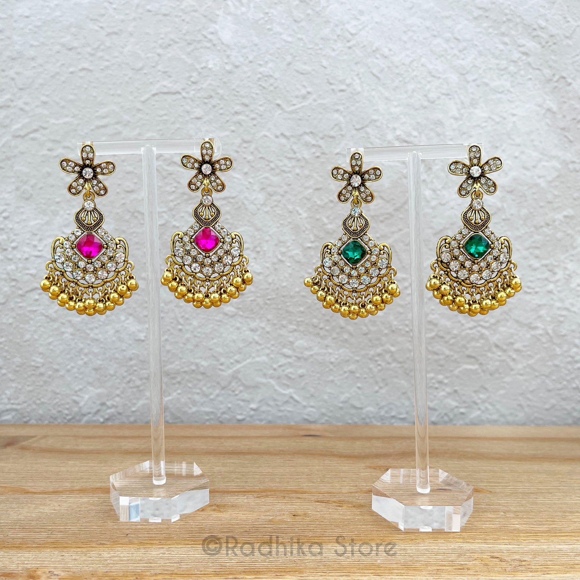 Gold Jhumka - Flower With Diamond Shape Gems - Earrings