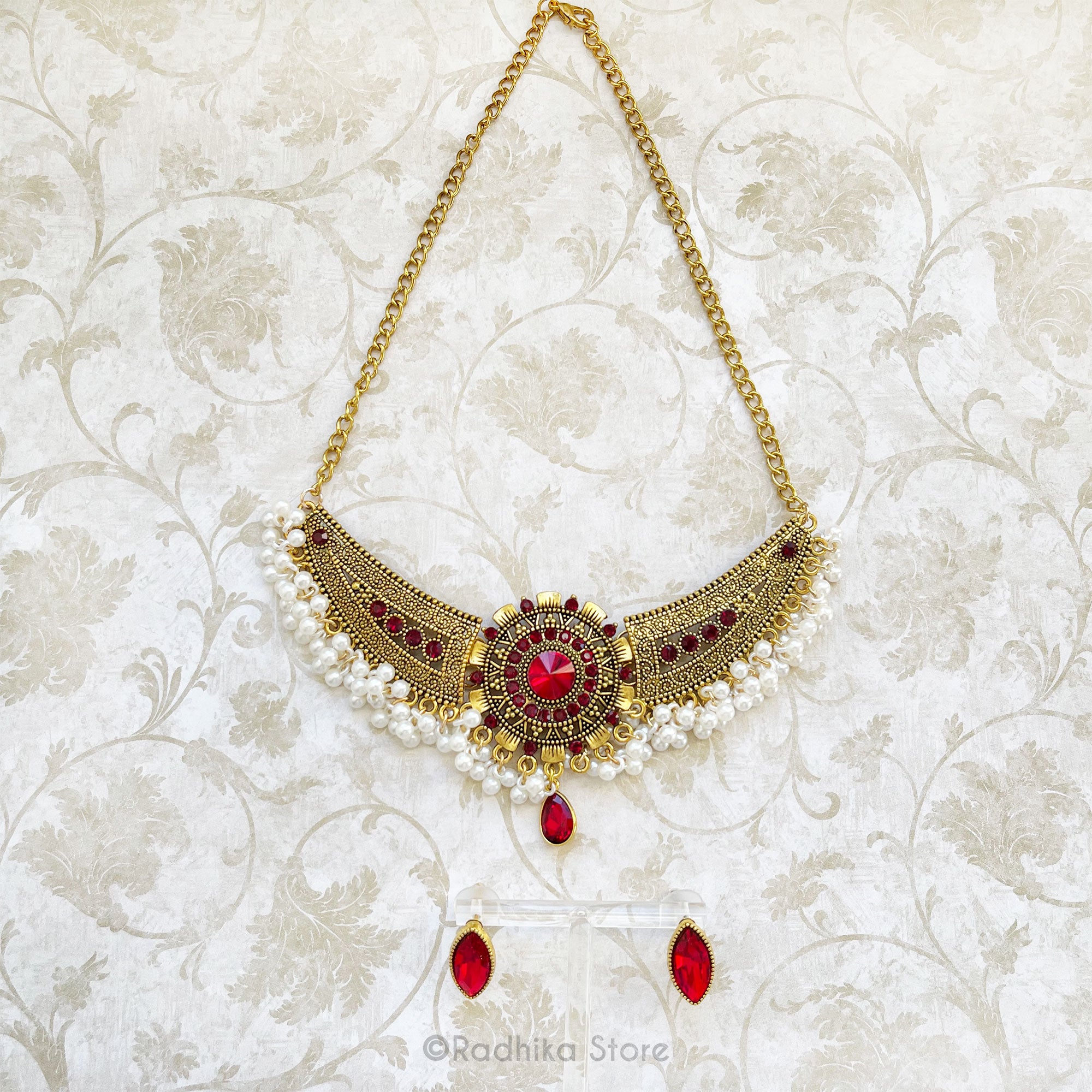 Gold With Ruby or Sapphire Or Enerakd - Pearl Jumka -  Deity Necklace And Earring Set